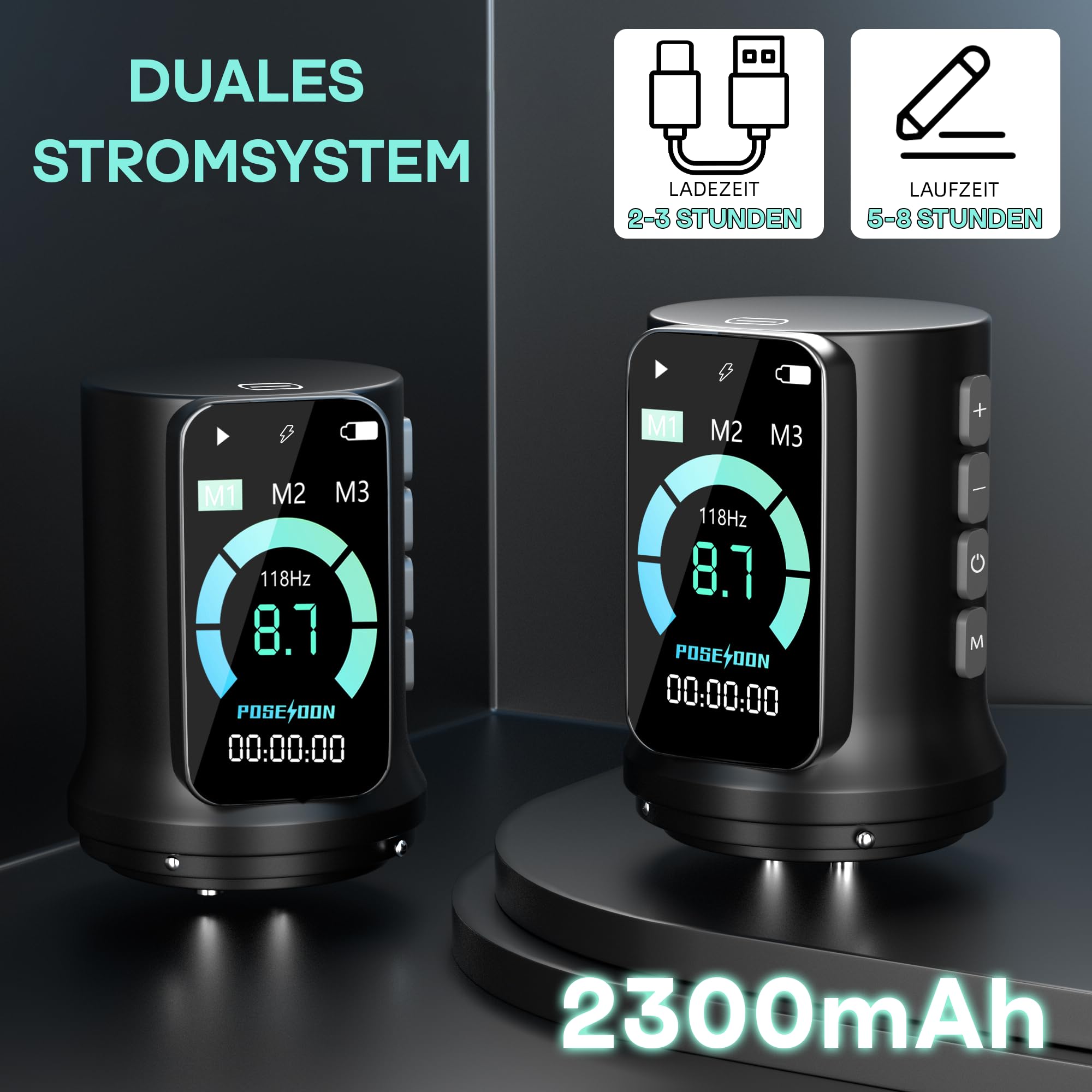 POSEIDON Kit machine à tatouer sans fil avec 7 réglages de course, deux batteries de 2300 mAh, mode normal/pointillé et écran LED – Appareil de tatouage professionnel sans fil pour débutants (HM145)
