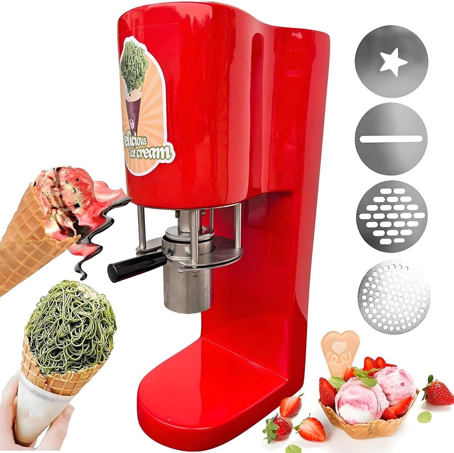 80W Commercial Spaghetti Ice Cream Maker, Durable Stainless Steel Noodles Ice Cream Machine with 4 Molds, Electric Ice Cream Press Maker for Shops Bars Restaurants Red