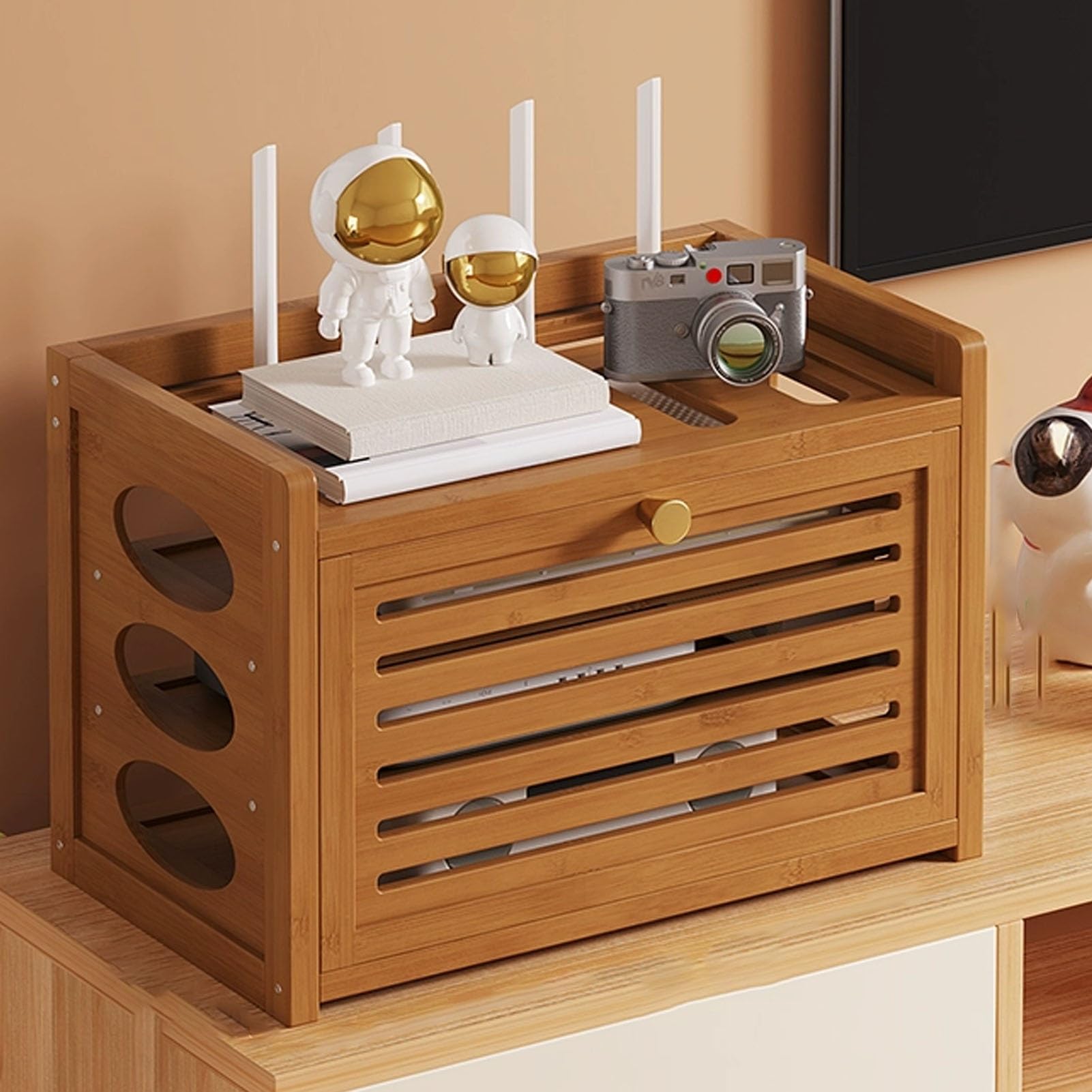 Boîtier de Rangement pour Routeur WiFi, Meuble de Rangement Multimédia, Routeur WiFi Boîte, Meuble pour Modem Et Routeur, Cache Box(Brown,40.5x28cm/15.9x11in)