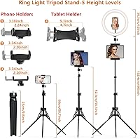 Vista 3 de Anillo de luz para selfie de 12 pulgadas con trípode de 72 pulgadas de alto y mini trípode de escritorio, trípode de luz PEYOU Ring con 4 soportes
