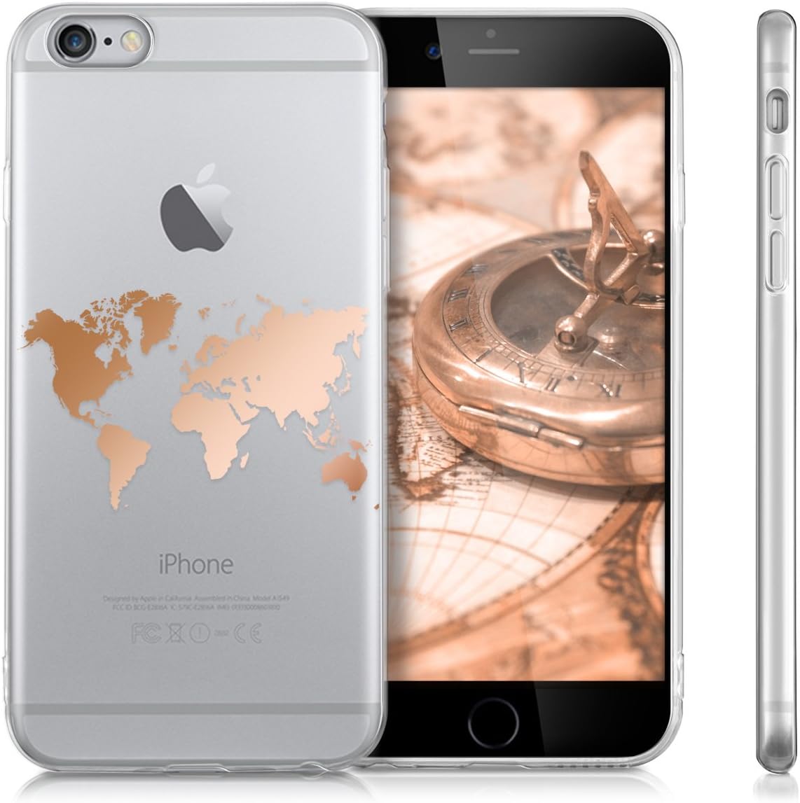 kwmobile TPU Case Compatible with Apple iPhone 6 / 6S - Case TPU Phone Cover - Travel Outline Rose Gold/Transparent
