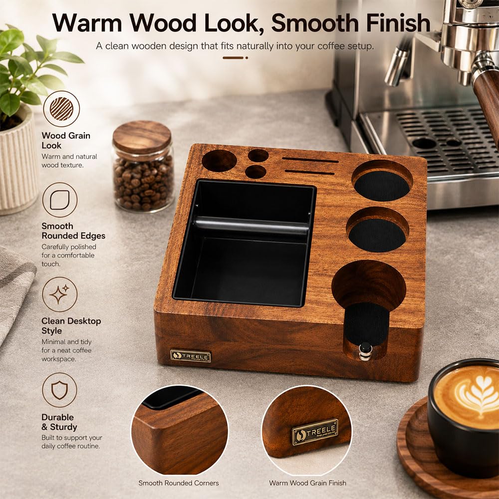 Espresso Tamperstation 58 mm z knock Box, z drewna orzecha włoskiego | Stacja tampingowa do espresso, stacja barista do ubijania z pojemnikiem, do sitka, tampera, rozdzielacza, sitka
