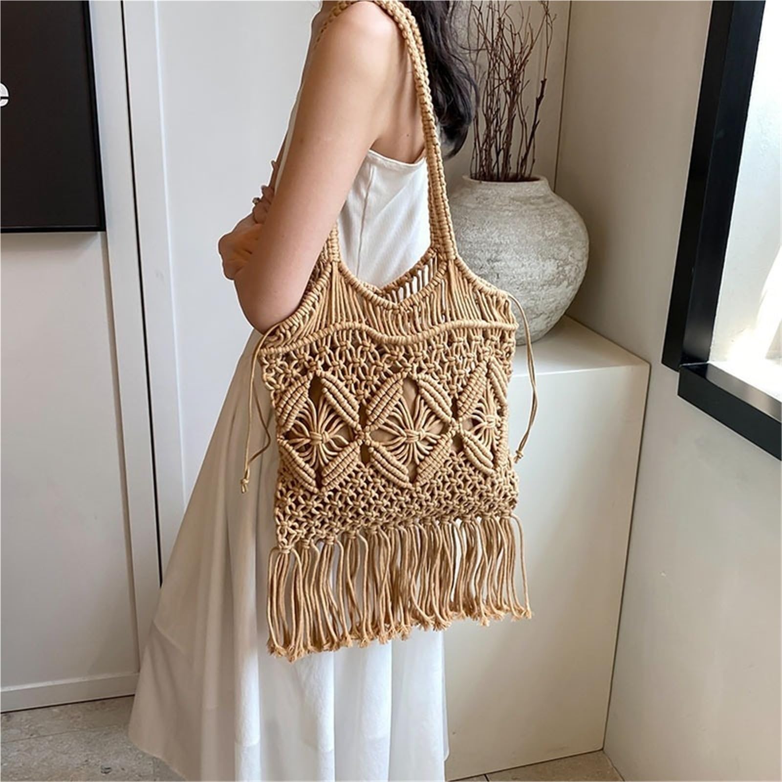 Borsa a tracolla singola francese intrecciata da spiaggia dal design scavato vacanza a Nuova borsa con frange donna Per Tutti I Giorni