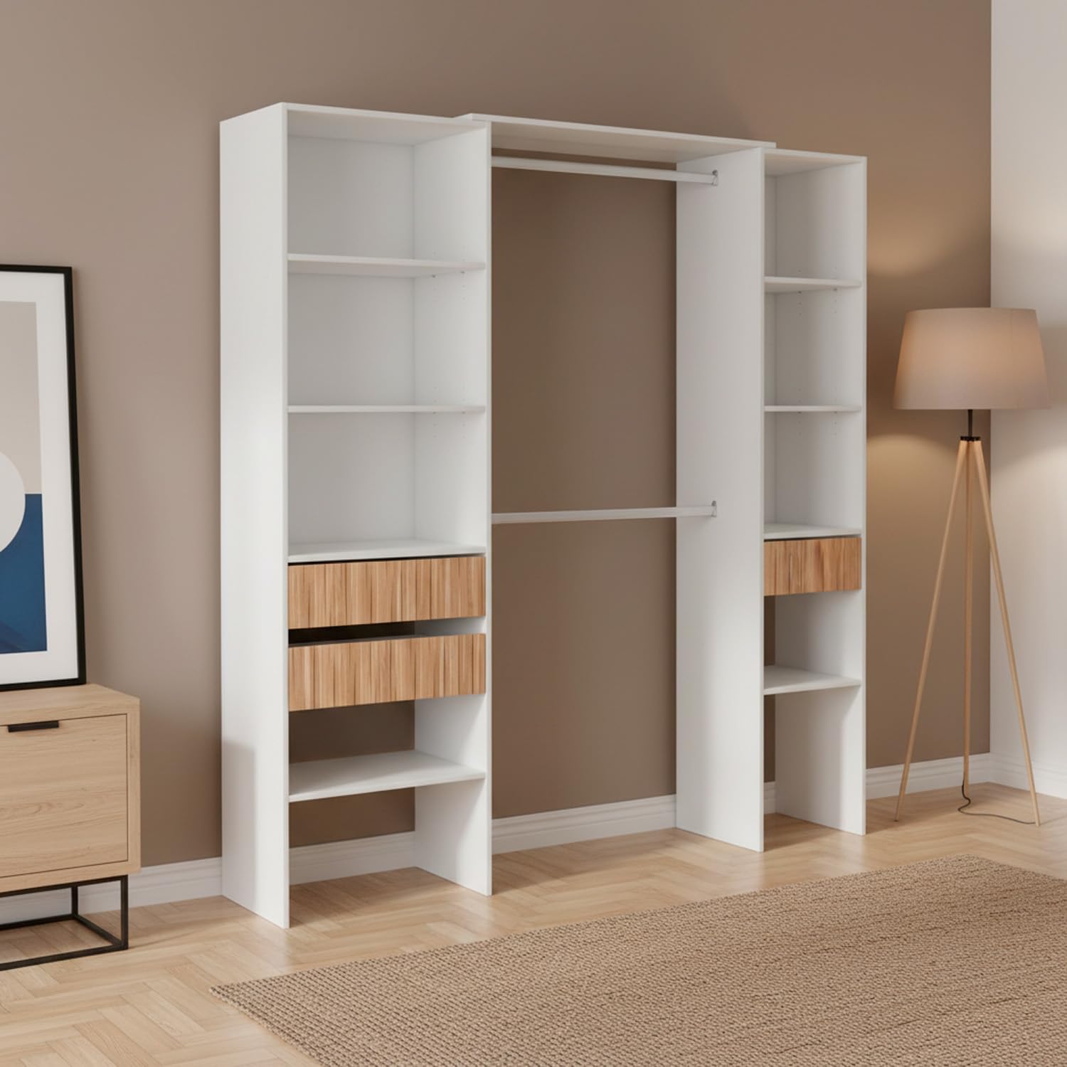 Armadio Guardaroba Aperto Con Ripiani Regolabili 3 Cassetti Doppio Appendiabiti In Alluminio Mobile Armadietto Multiuso Senza Ante Camera Da Letto Cameretta 190 x 187 x 40 Cm Bianco E Rovere Listato