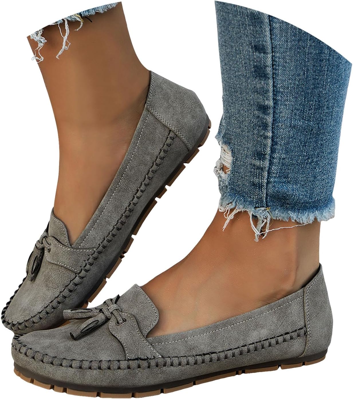 Slip On Flat Loafers for Women 2026 Orthopedic Slip On Flats Suede Tassel Bowknot Round Toe Loafer Arch Support Non-Slip Low Top Walking Shoes Breathable Casual Work Office Footwear