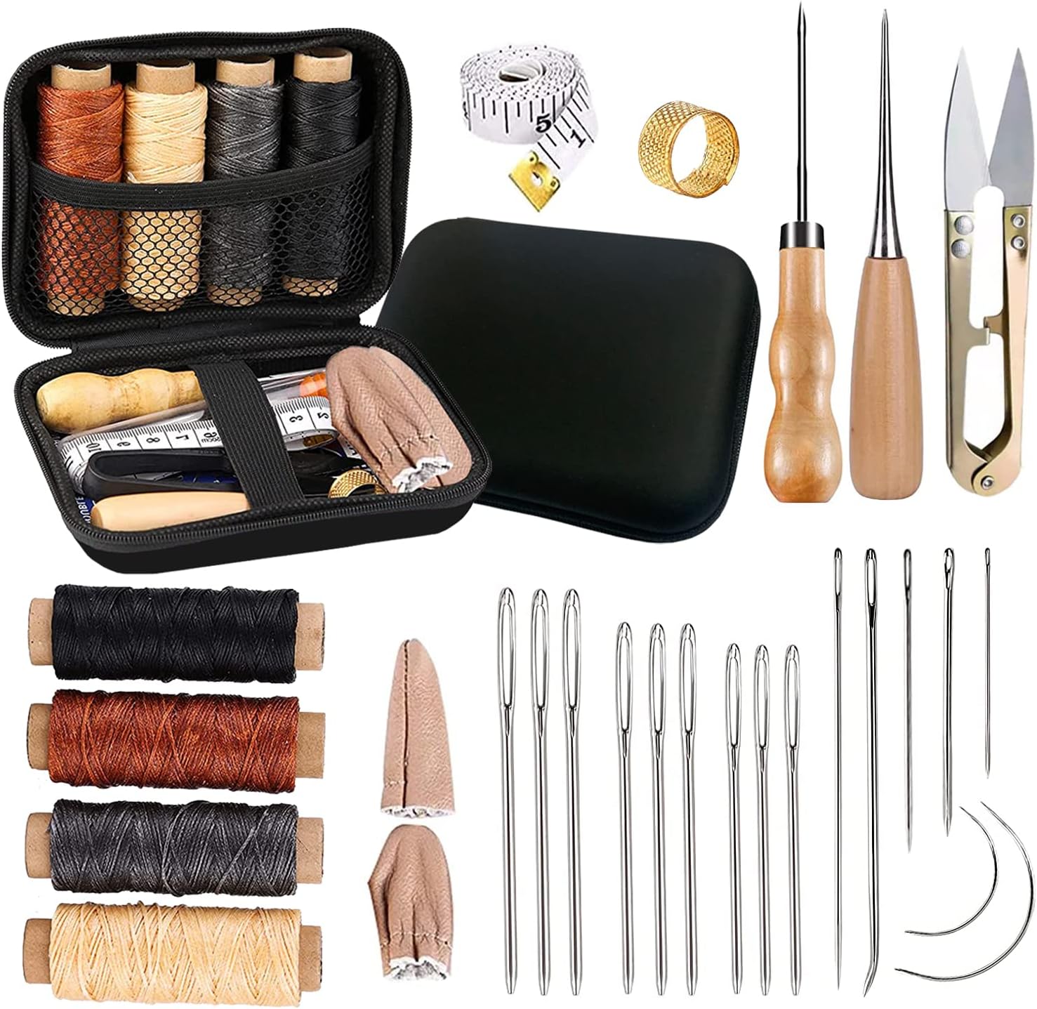 IVODEELA 29 Pcs Leather Sewing Kit, Leather Tool Kit with Needles, Waxed Thread, Thimble, Awl and Storage Bag, Blue