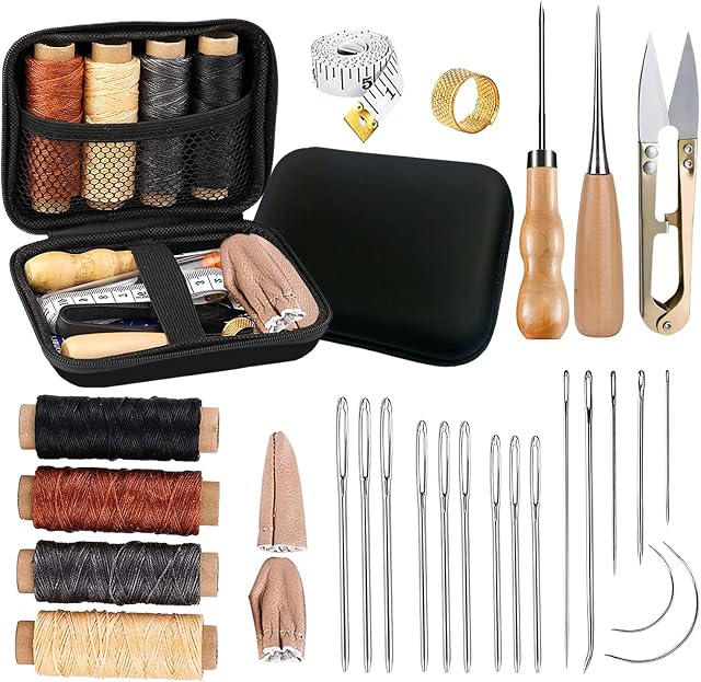 Leather Sewing Kit Leather Tool Kit Leather Working Tools with Leather Sewing Needles, Waxed Thread, Thimble, Awl and Storage Bag Leather Craft Hand Tools and Supplies for DIY Sewing Craft