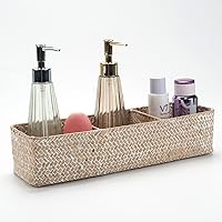 Vista 10 de DECRAFTS Cesta de almacenamiento de pastos marinos con tapa, rectangular, pequeña, tejida con secciones para organizar aperitivos, juguetes, tampón