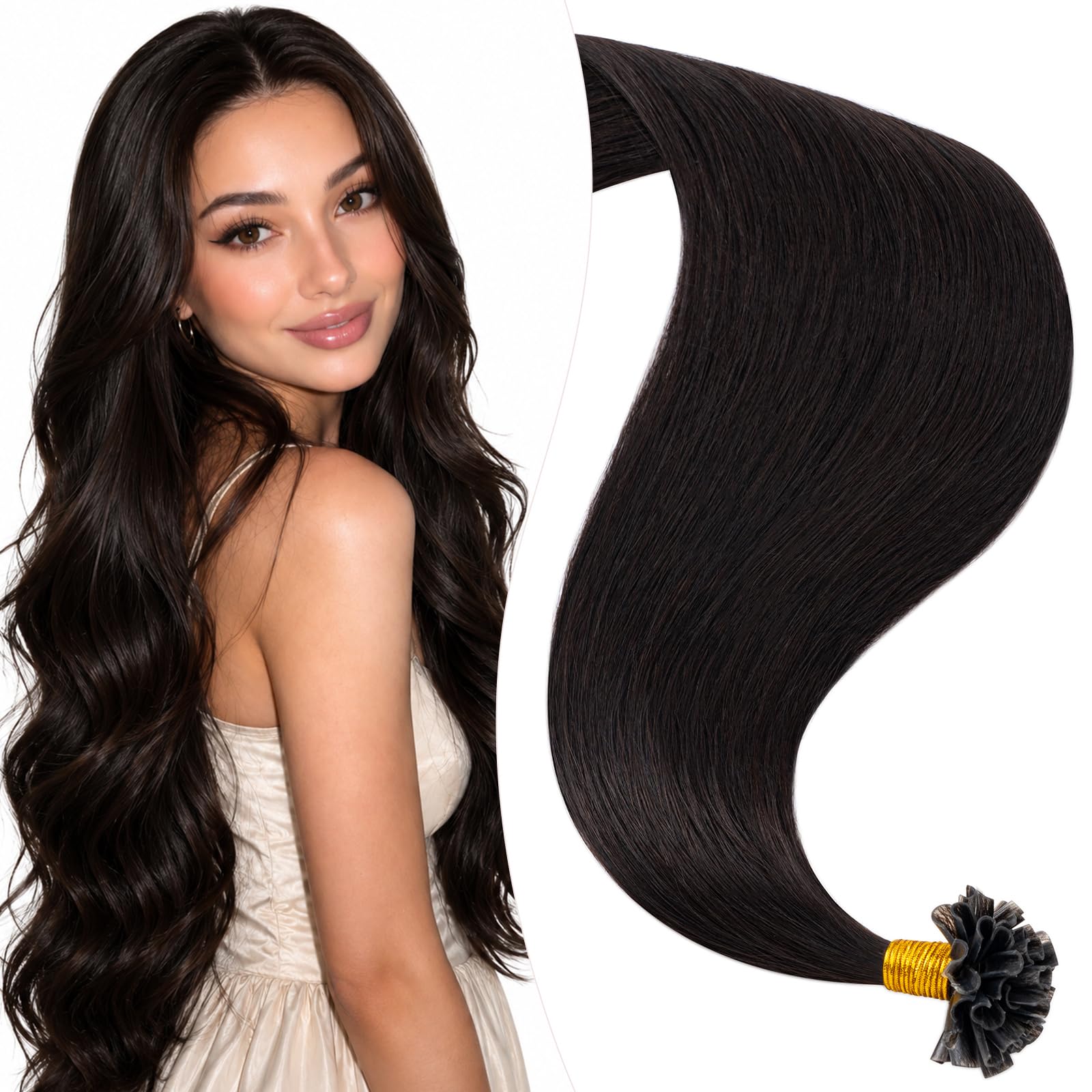 Elailite Extensiones Pelo Natural Queratina 1g Remy Cabello Humano sin Clip U Tip Keratina 50 Mechas 50g - 45cm #1B Negro Natural