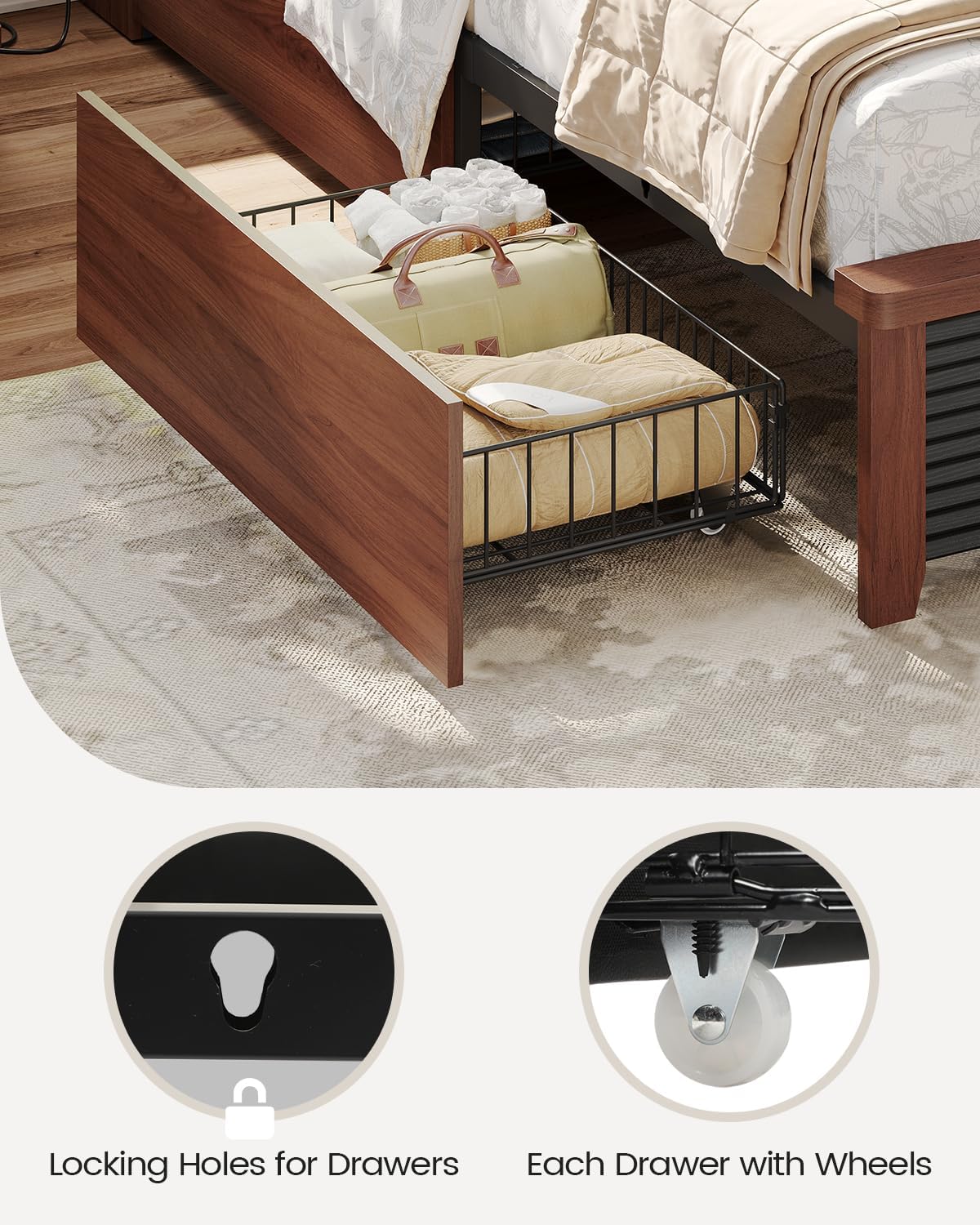 MSmask Queen Bed Frame with Bookcase Storage Headboard, Wooden Bed Frame with LED Light, Charging Station, and 4 Drawers, Mid Century Modern Platform Bed, No Box Springs Needed, Black and Brown