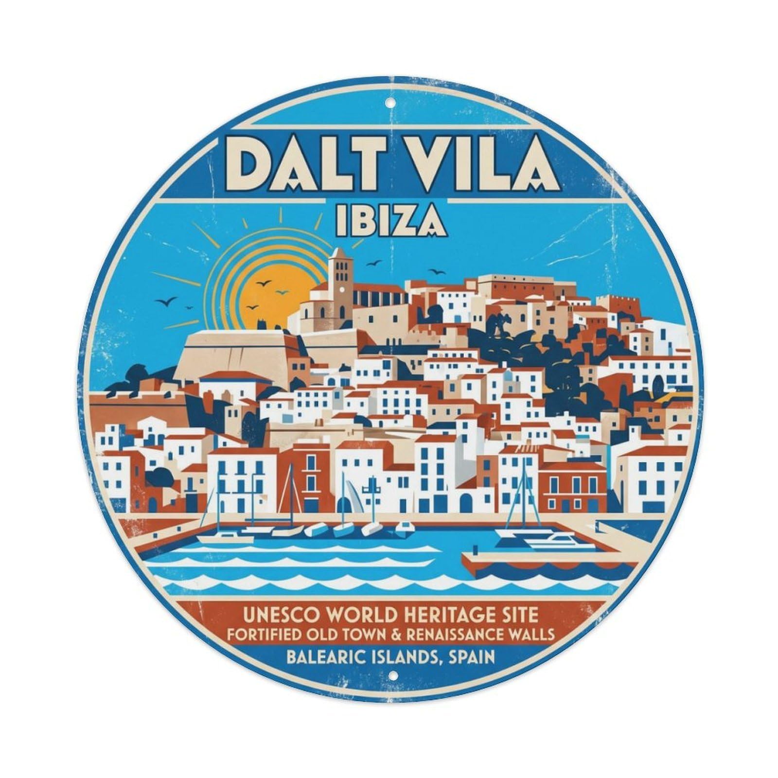 Vintage Travel Ibiza Dalt Vila Metal Tin Sign Plaque Wall Decor for Cafe, Club Bar, Office, Home Garden Round Metal Poster 8x8Inch
