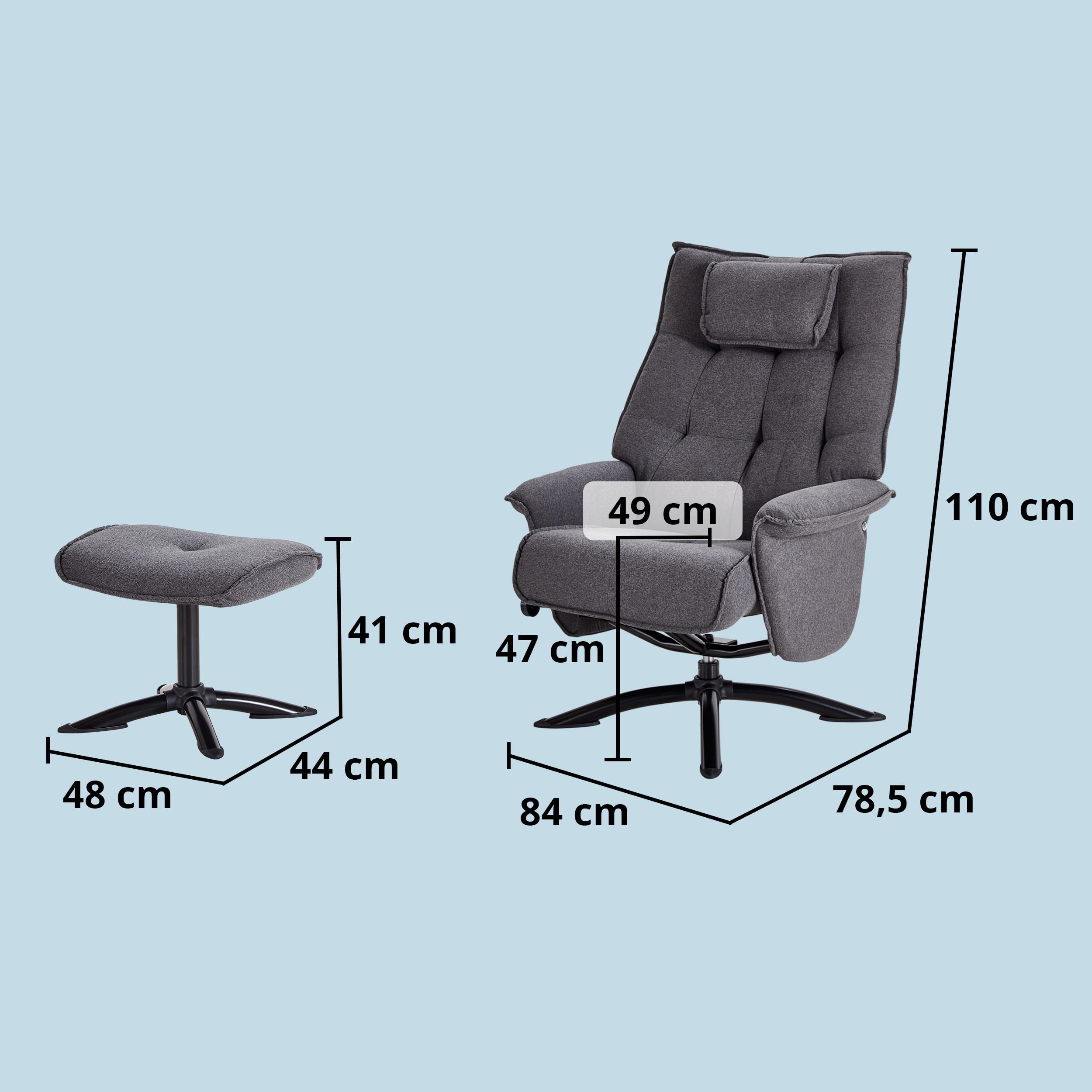 KHG Relaxsessel Grau Mikrofaser mit Hocker - hoher Rücken, weiches Nackenkissen & klappbare Lehne, Sitzhöhe ca. 47 cm, frei im Raum stellbar, Metall-Sternfußgestell, ideal für entspannte Momente