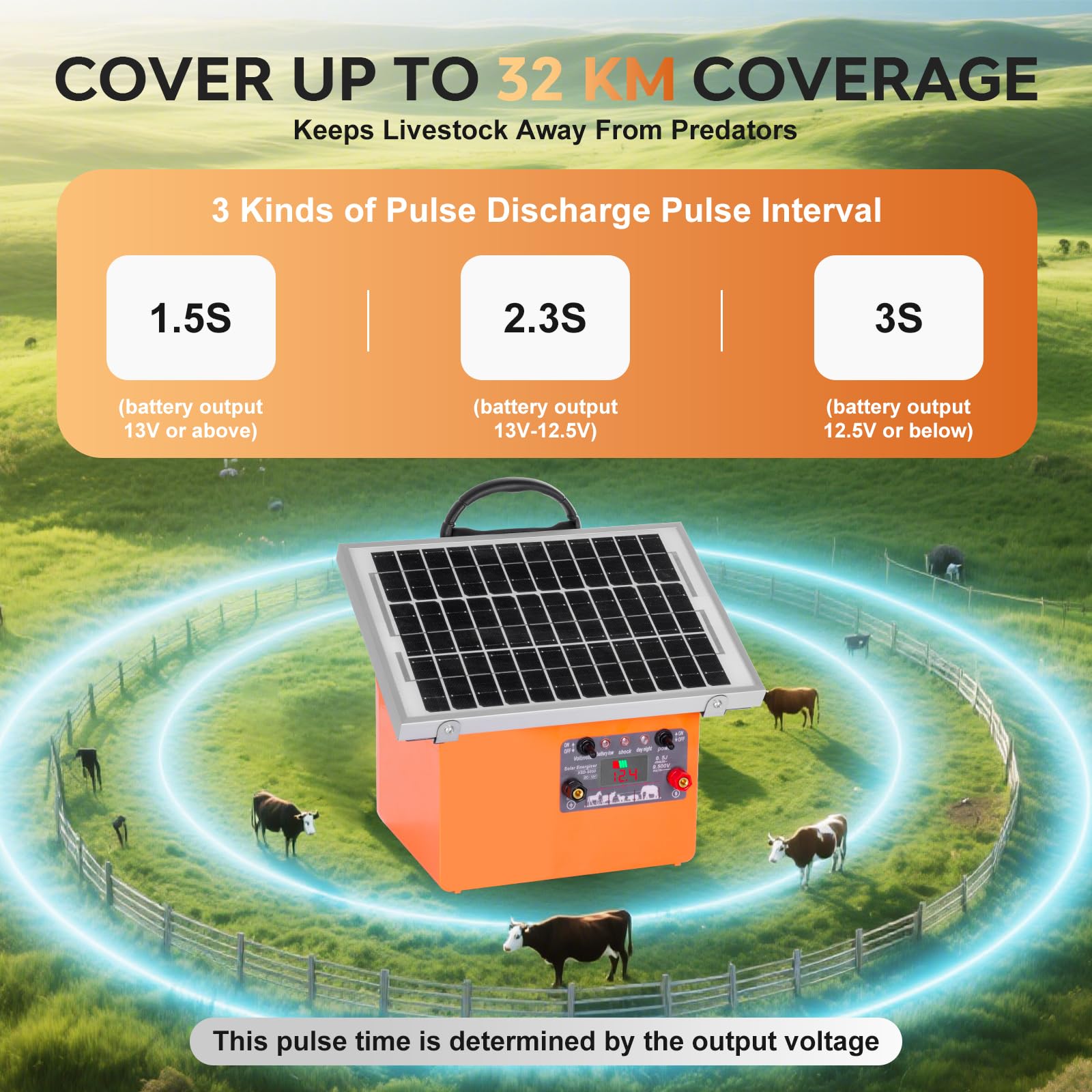 32KM cloture elettriche solari cloture elettriche, 9,5 kV pastore elettrico Controller per cavalli, recinzione elettrica 0,5 J per allevamento di animali da pastore, per fattoria, pascolo, giardino