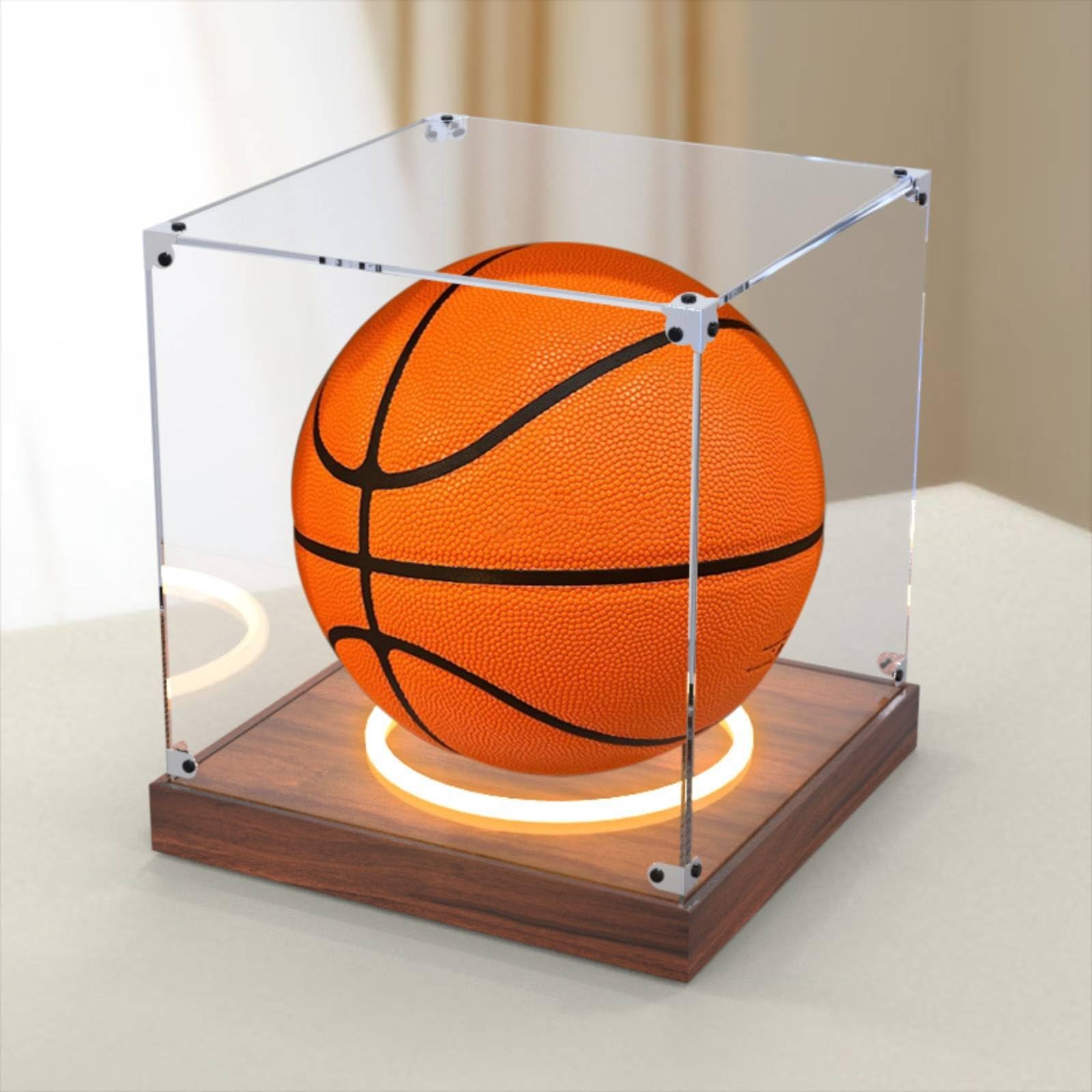 Acrílico Expositor de Balones con Exposición Panorámica Luz LED Incluida Base Antideslizante Protección Contra Impurezas Adecuado para Decoración de Oficinas Deportivas Hogares , 25x25x25cm