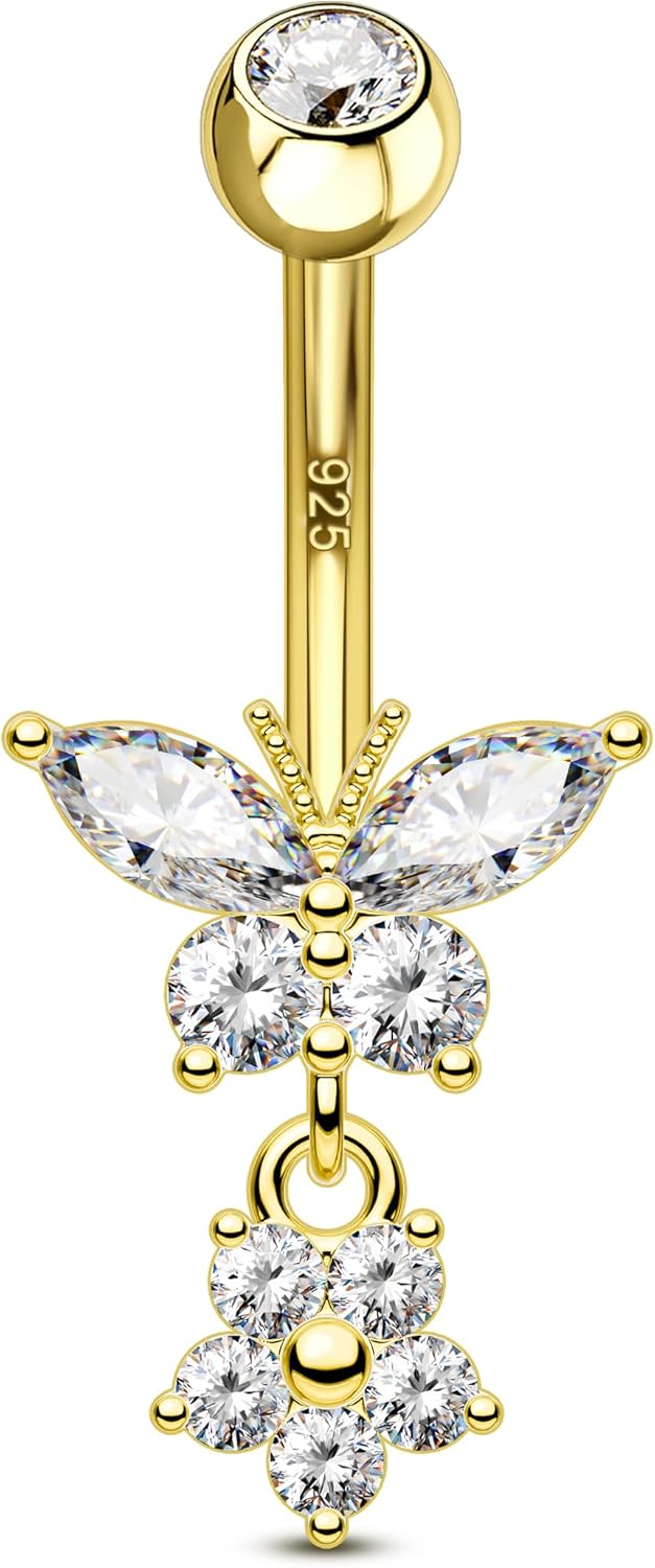 14K Gold Plated Belly Button Rings Dangle Belly Navel Rings for Women 925 Sterling Silver Navel Piercing Jewelry Surgical Steel