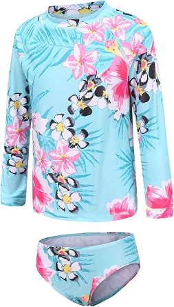 Girls Two Piece Rash Guard Swimsuits Set Long Sleeve Bathing Suit with UPF 50+ Sun Protection Kids Sunsuits Swimwear Set