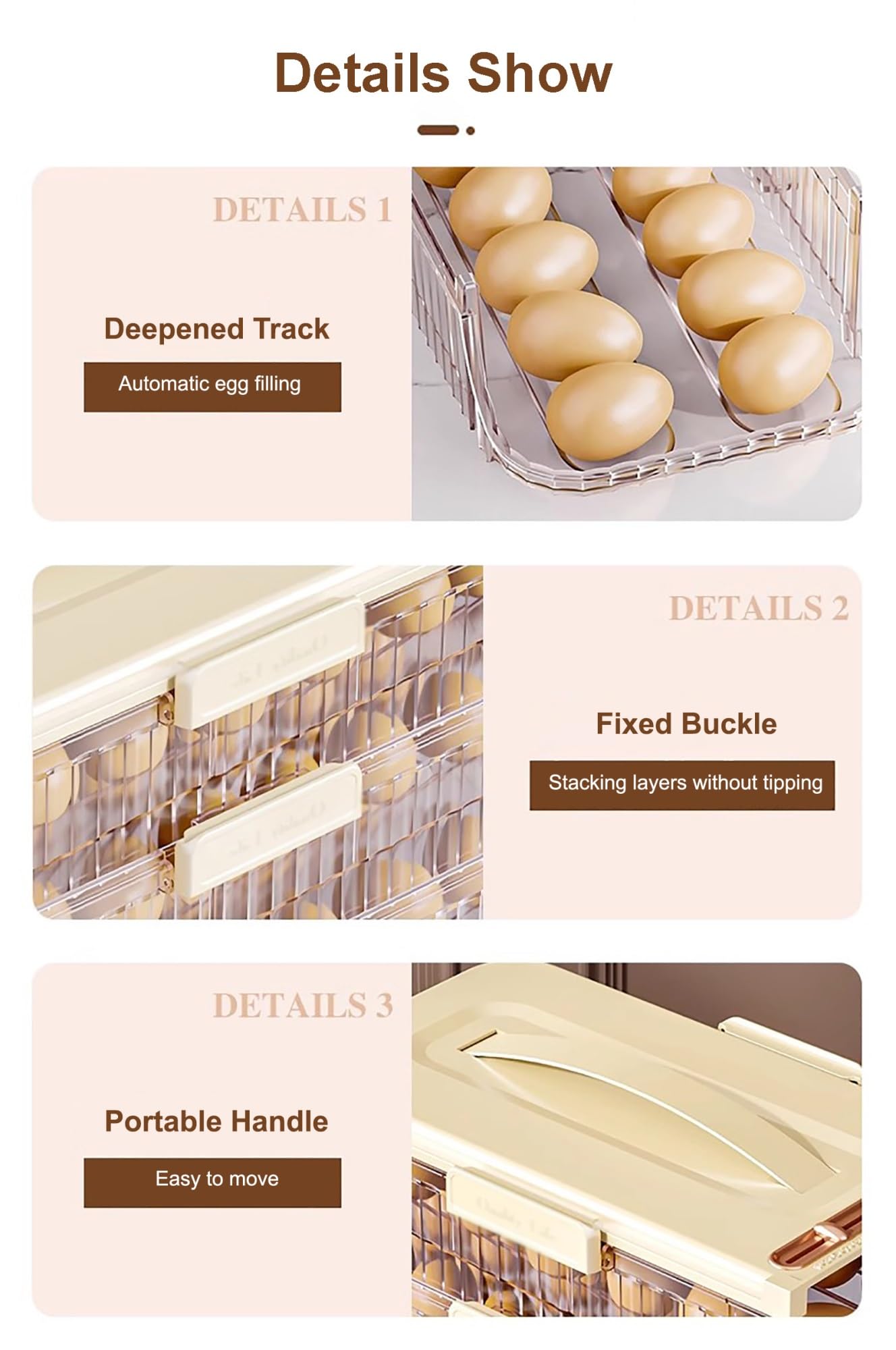 Contenedor y bandeja de plástico transparente for huevos, estante for almacenar huevos de 1, 2 o 3 niveles, dispensador de huevos apilable con tapa resistente(Holder 48 Eggs-32x16.7x19.6cm)