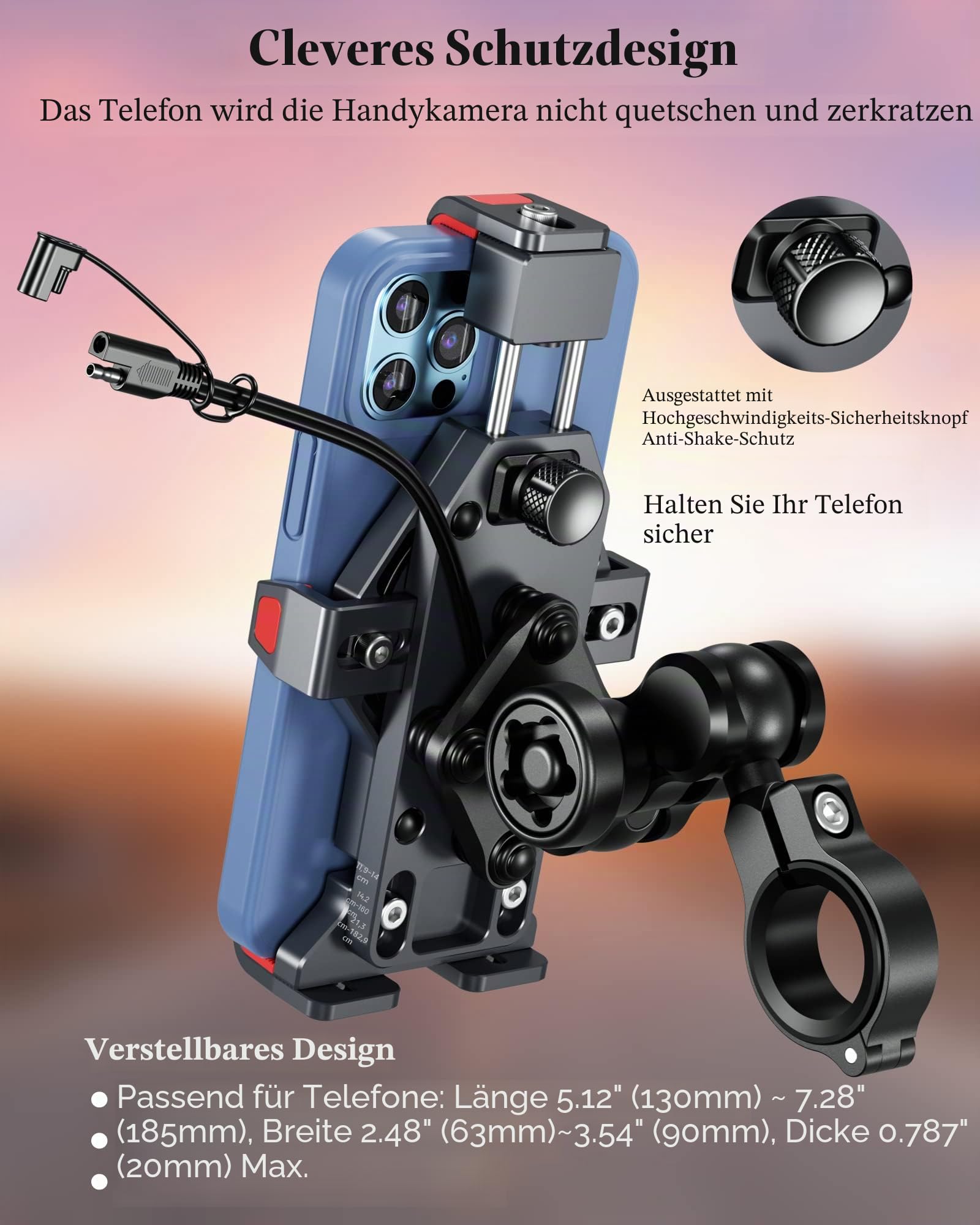 BRCOVAN Metall Motorrad Handyhalterung mit Qi 15W Drahtloses Ladegerät | mit Vibrationsdämpfer, Aluminiumlegierung, Einstellbar Outdoor Lenker Handy Halterung für 4,7-7,2 Zoll Smartphone