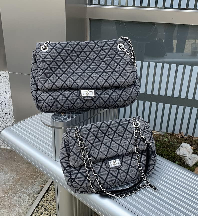 Women's Grey Casual Diamond Checker Denim Retro Fashion One Shoulder Handbag - Image 7