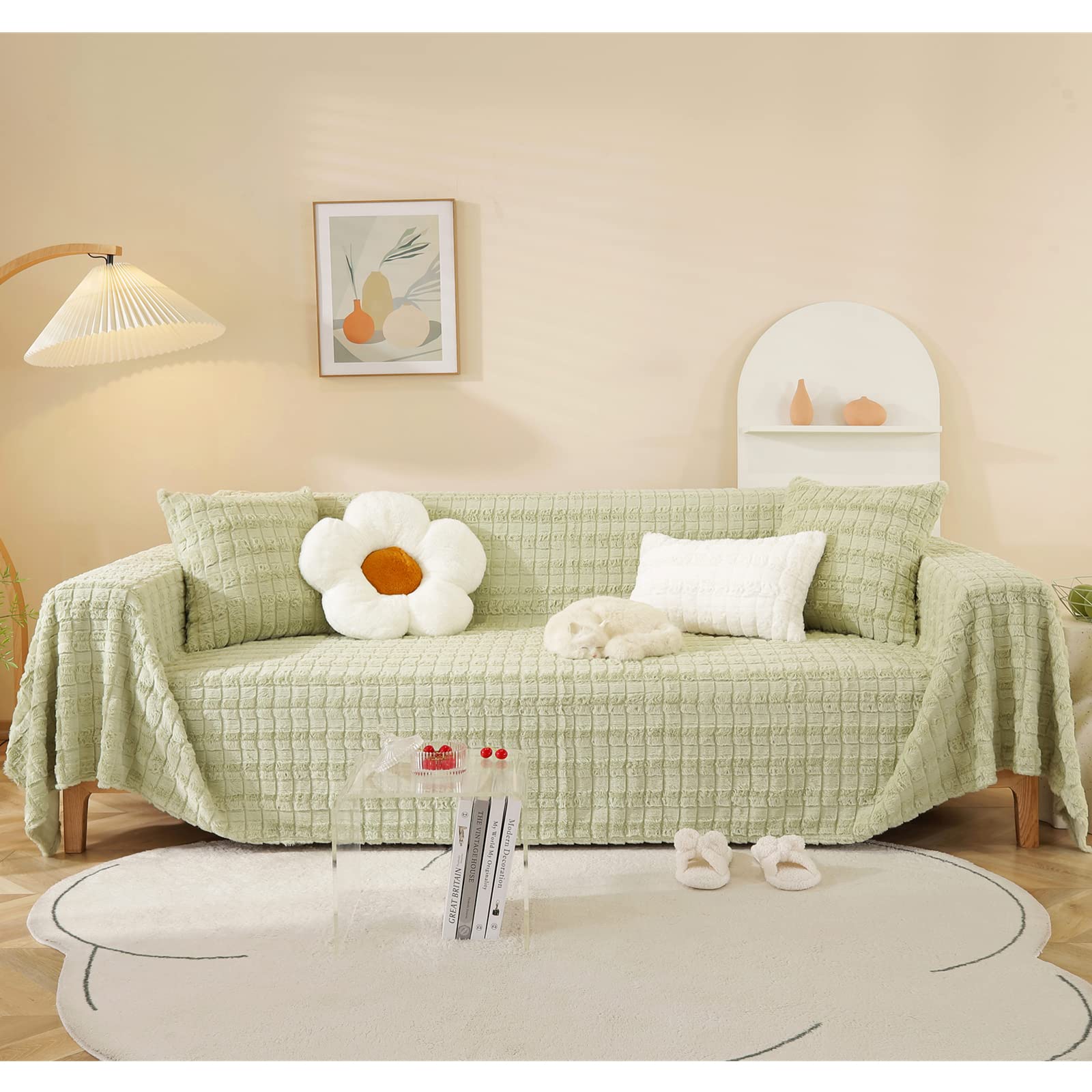 Couverture de canapé en peluche faux lapin vert 180x130 cm pour canapé d'angle
