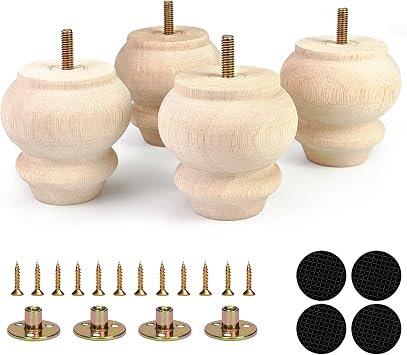 3 Inch Wood Furniture Legs Set of 4 Round Bun Feet Dresser Cabinet Sofa