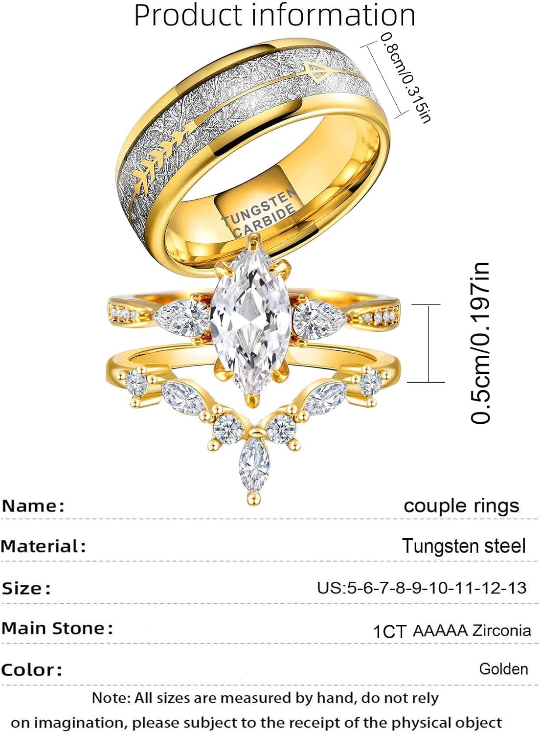 1CT CZ Wedding Ring Set for Women & Men Yellow Gold Plated Bridal Couple Rings Tungsten Ring Wedding Band