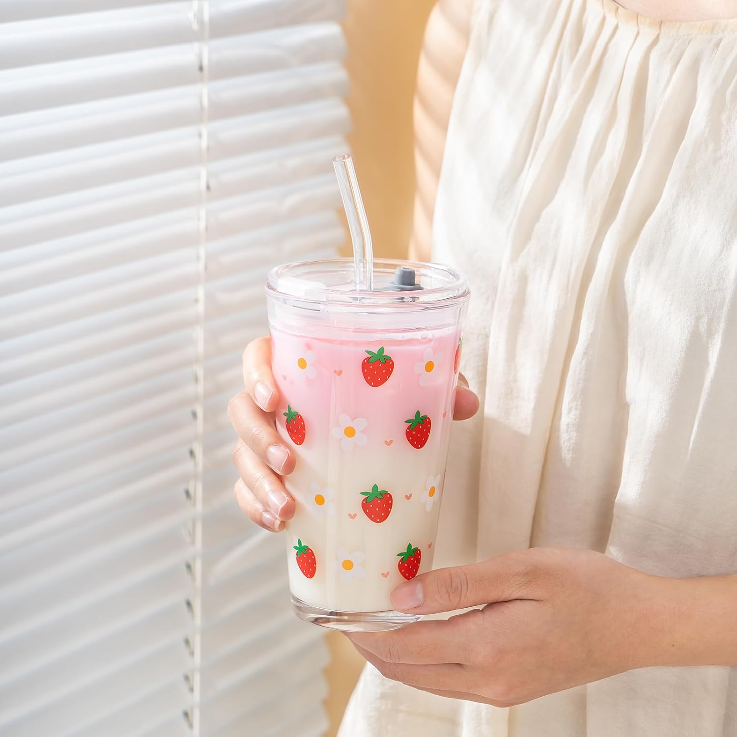 Olvini 15oz Glass Tumbler with Glass Straw and Lid, Cute Iced Coffee Cups, Aesthetic Glass Cups, Coffee Tumbler, Water Cup, Matcha Cup, Drinking Glasses (Strawberry) image 5