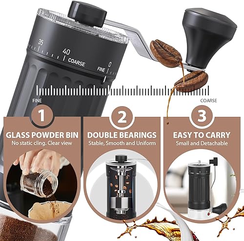 Miniatura 5 de Molinillo de café manual con 40 ajustes externos, molinillo de frijoles de manivela manual de 1.06 oz de capacidad, molinillo compacto de rebabas