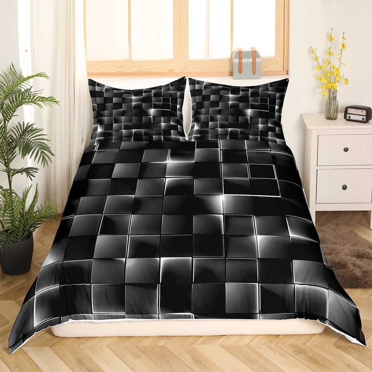 Feelyou Silver and Black Bedding Set King Size Kids Light Geometric Comforter Cover Set for Boys Teens Duvet Cover Modern Style Bedspread Cover Room Decor Quilt Cover