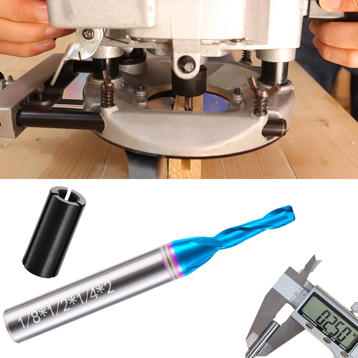 Up Cut Spiral Router Bit 1/4 Inch Shank Spiral Router Bit 2 Flutes Spiral Carbide Milling Tool 1/8 Inch Cutting Diameter with Nano Blue Coated CNC Router Wood End Mill for Wood Cut, Carving