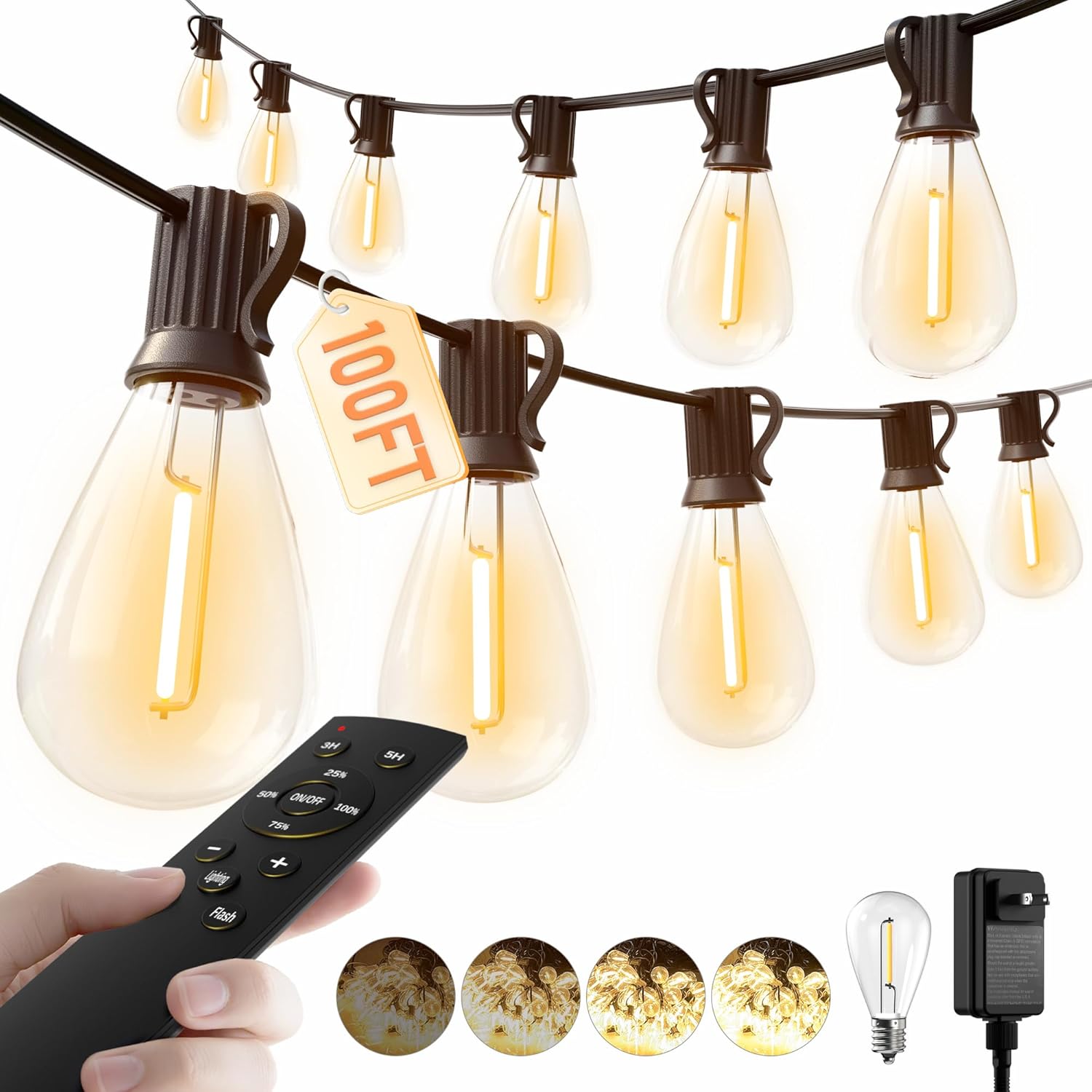 luckystyle 100FT LED Outdoor String Lights with Remote, 35+ 1 Shatterproof Bulbs Waterproof and Dimmable Patio Lights for Porch, Garden, Backyard, Deck, Balcony, 2200K Hanging Lighting