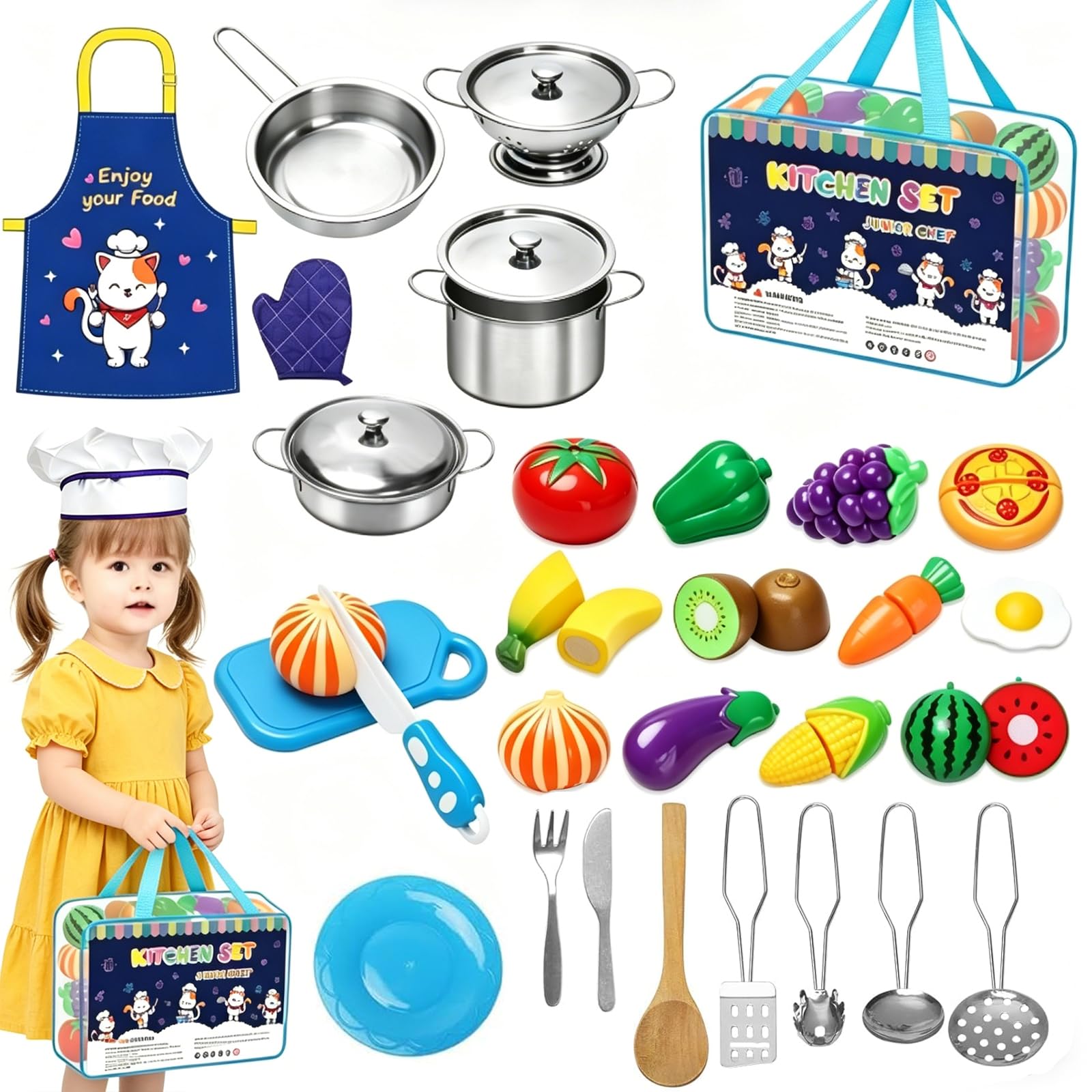 Giochi Cucina Bambini 32 Pezzi Giocattoli da Cucina per Bambini,Cucina Accessori Cucina Bambini,Giocattolo per Bambini Set di Pentole e Padelle in Acciaio Inossidabile,Utensili da Cucina