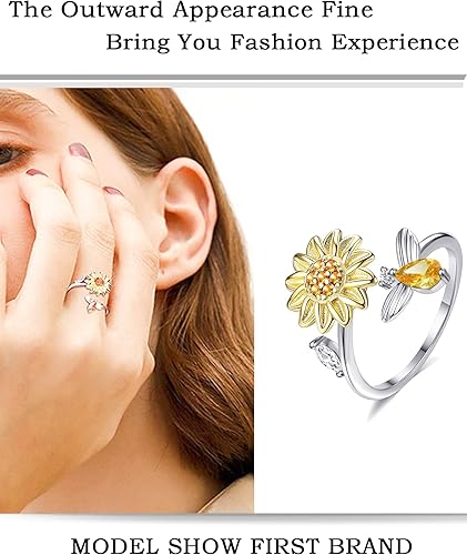 Miniatura 6 de Akeoqi Anillos giratorios para la ansiedad, para aliviar el estrés, tamaño ajustable, diseño abierto, anillo giratorio con incrustaciones de