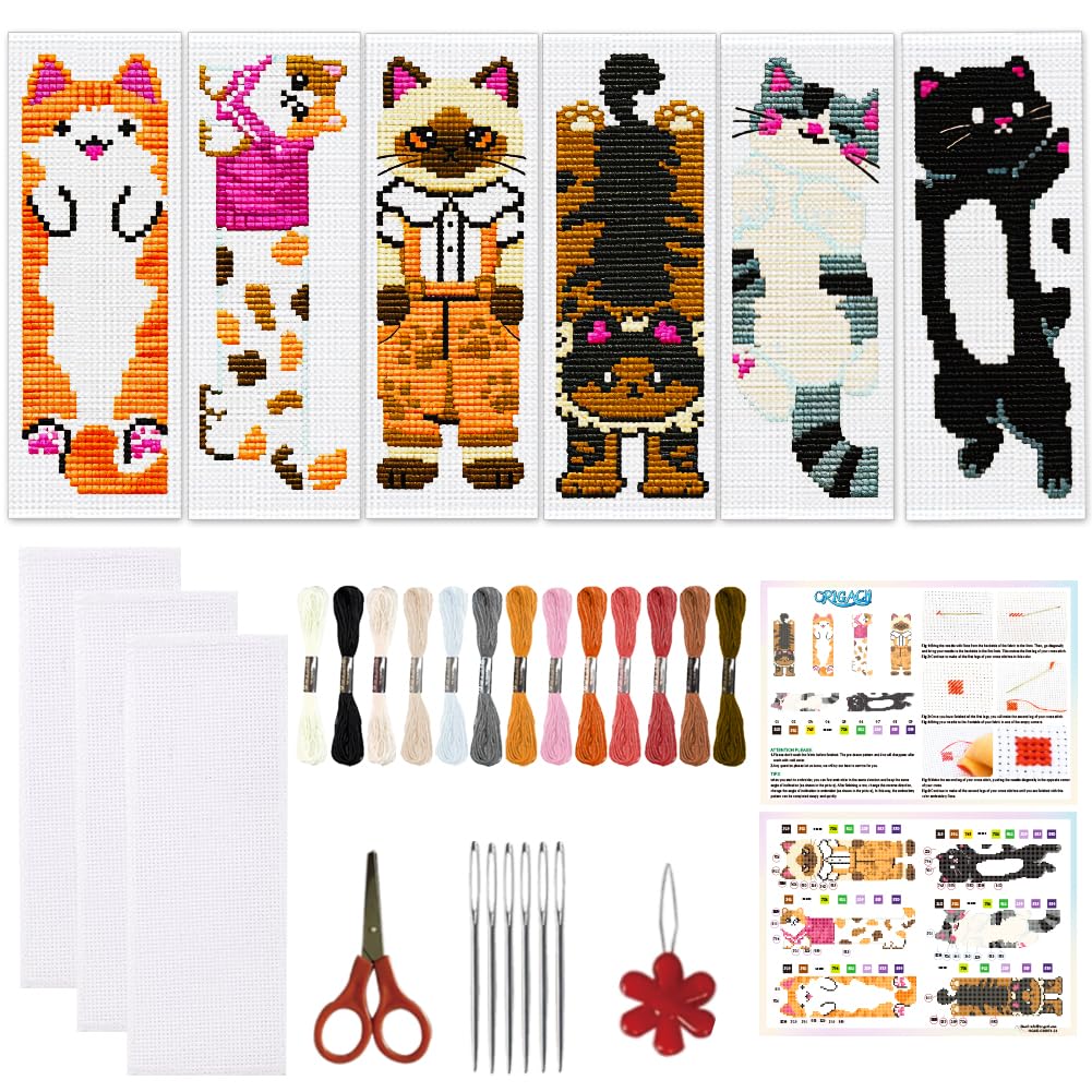 ORIGACH 6 Set Cute Cat Cross Stitch Bookmark Kit for Beginner with Backing Felt Floss Instructions DIY Stamped Embroidery Bookmark Kit for Adults, Book Lovers