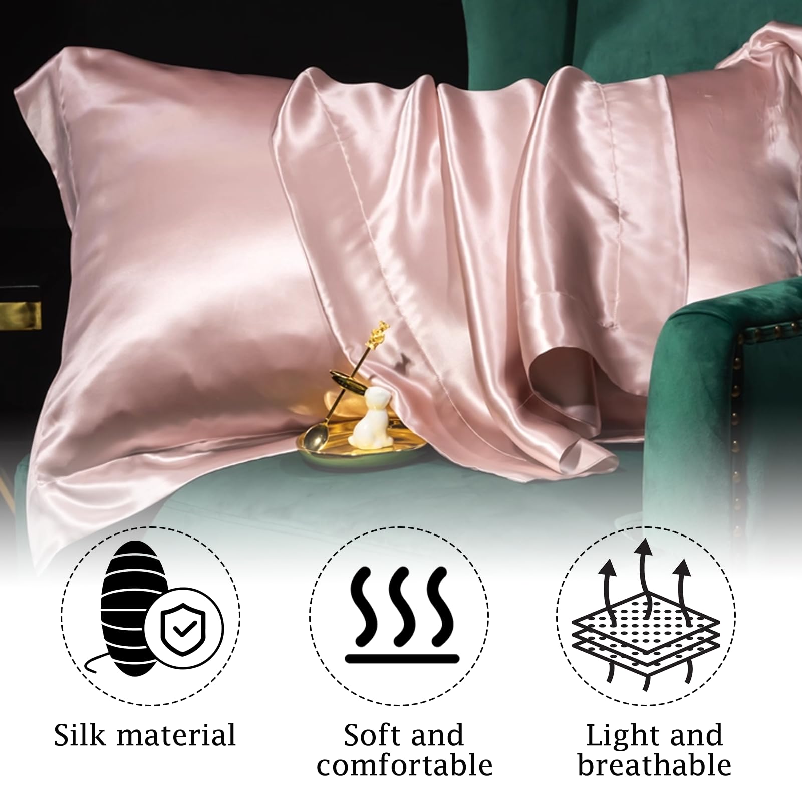 Set di 2 federe per cuscini in seta di gelso, 50x75 cm, federa in satin, liscia come la seta, fresca, facile da curare - delicata sulla pelle e sui capelli, anti-frizione, chiusura a hotel, lavabile