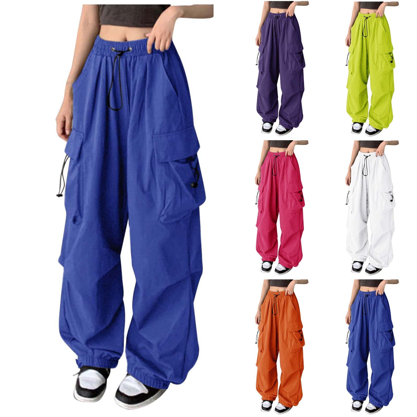 Wide Leg Cargo Pants for Women Drawstring High Waisted Parachute Pants Summer Casual Dance Pant with Pockets Womens Pull On Studio Pant Comfy Straight Leg Scrub Trousers Baggy Travel Outfits