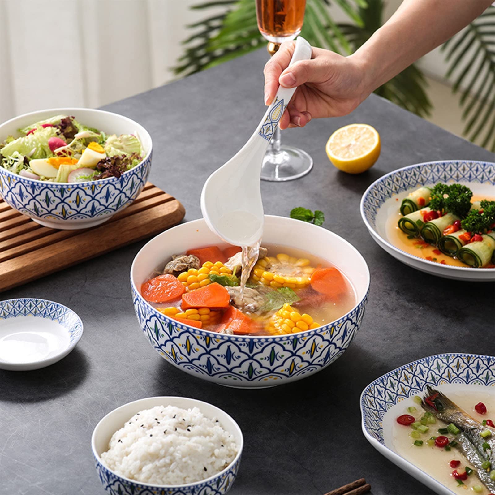 Service de Table en céramique pour 6 à 25 pièces, Service de Vaisselle, Services de Table de Cuisine avec Assiettes Plates, Assiettes à Salade et Bols, Lavable (