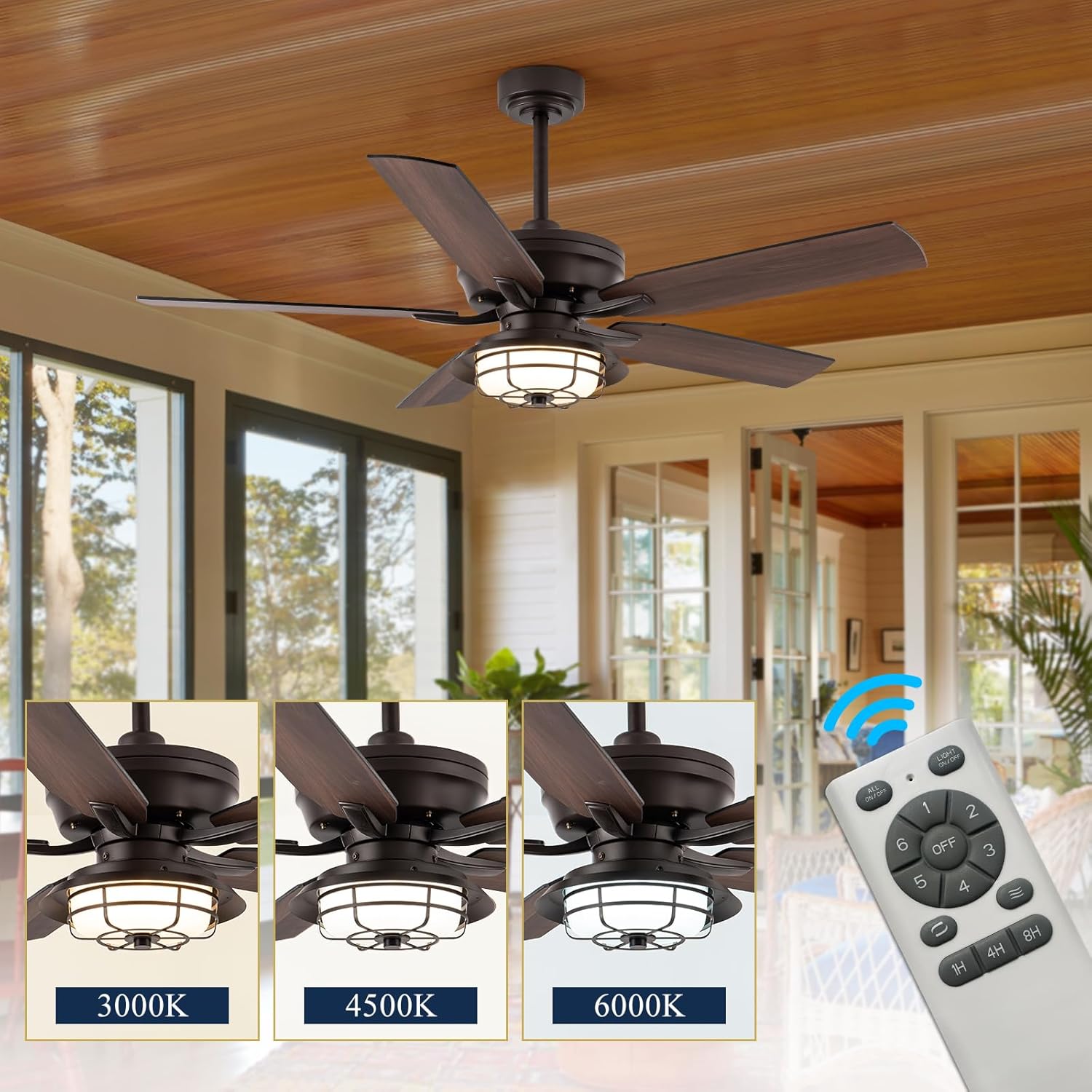 NORFOLK Outdoor Ceiling Fans with Lights and Remote, Waterproof 52 Inch Ceiling Fan with 3 Color LED Light for Patios, Gazebos, and Indoor, Wet Rated Farmhouse Modern Style
