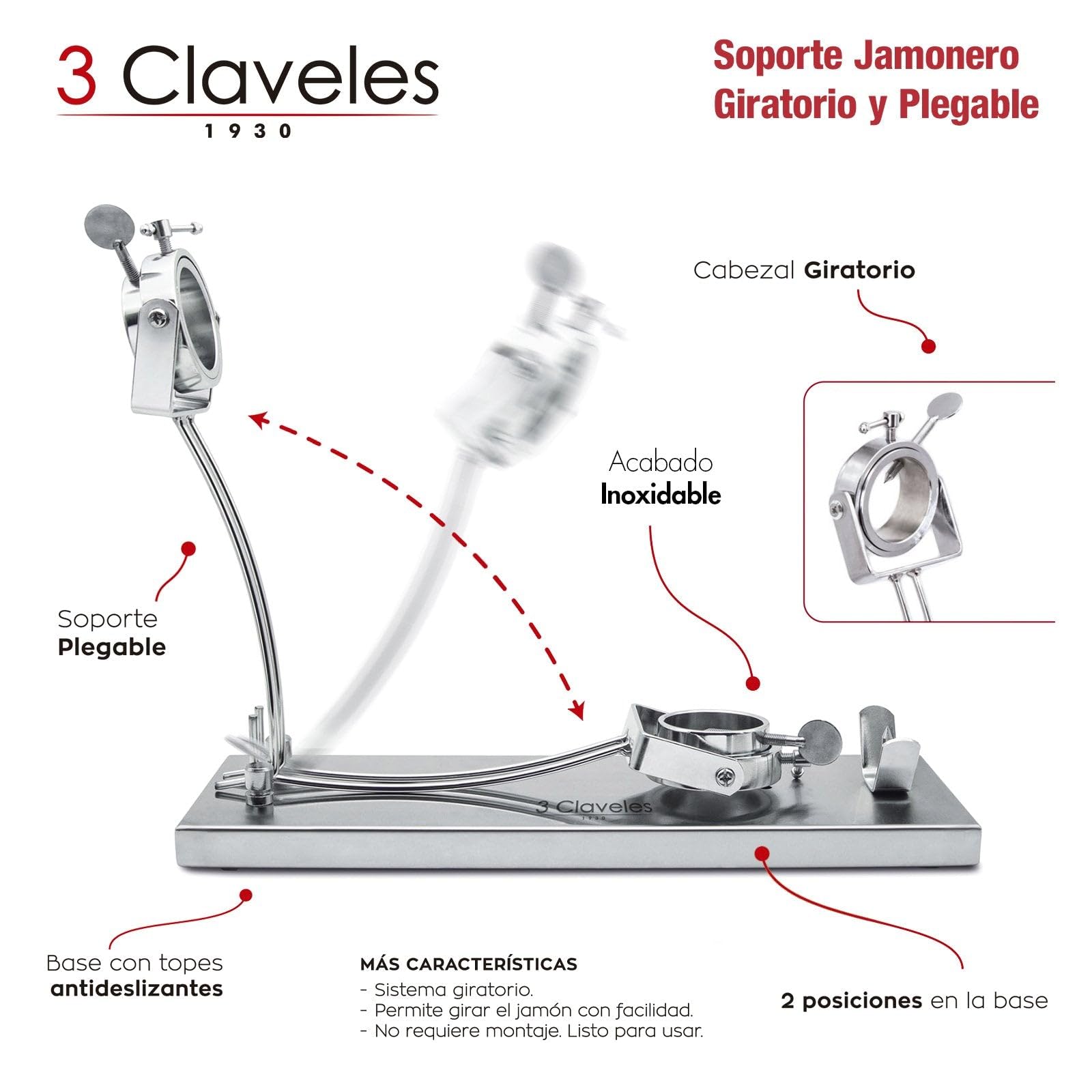 Juego Profesional de Soporte Jamonero Plegable en Acero Inoxidable y Cuchillos 3 Claveles, Funda y Chaira (TC01737K2)