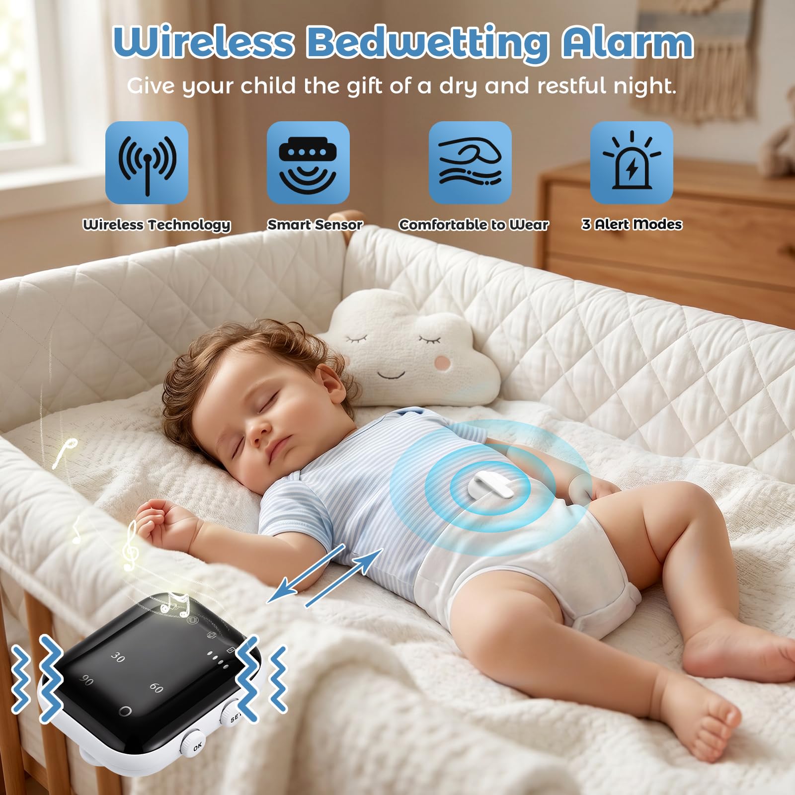 Alarme sans Fil pour Énurésie Nocturne Enfant, Alarme Pipi Rechargeable par USB-C avec 3 Modes Sons & Vibrations, Apprentissage de la Propreté, Capteur Stop Pipi au Lit pour Enfants et Adultes