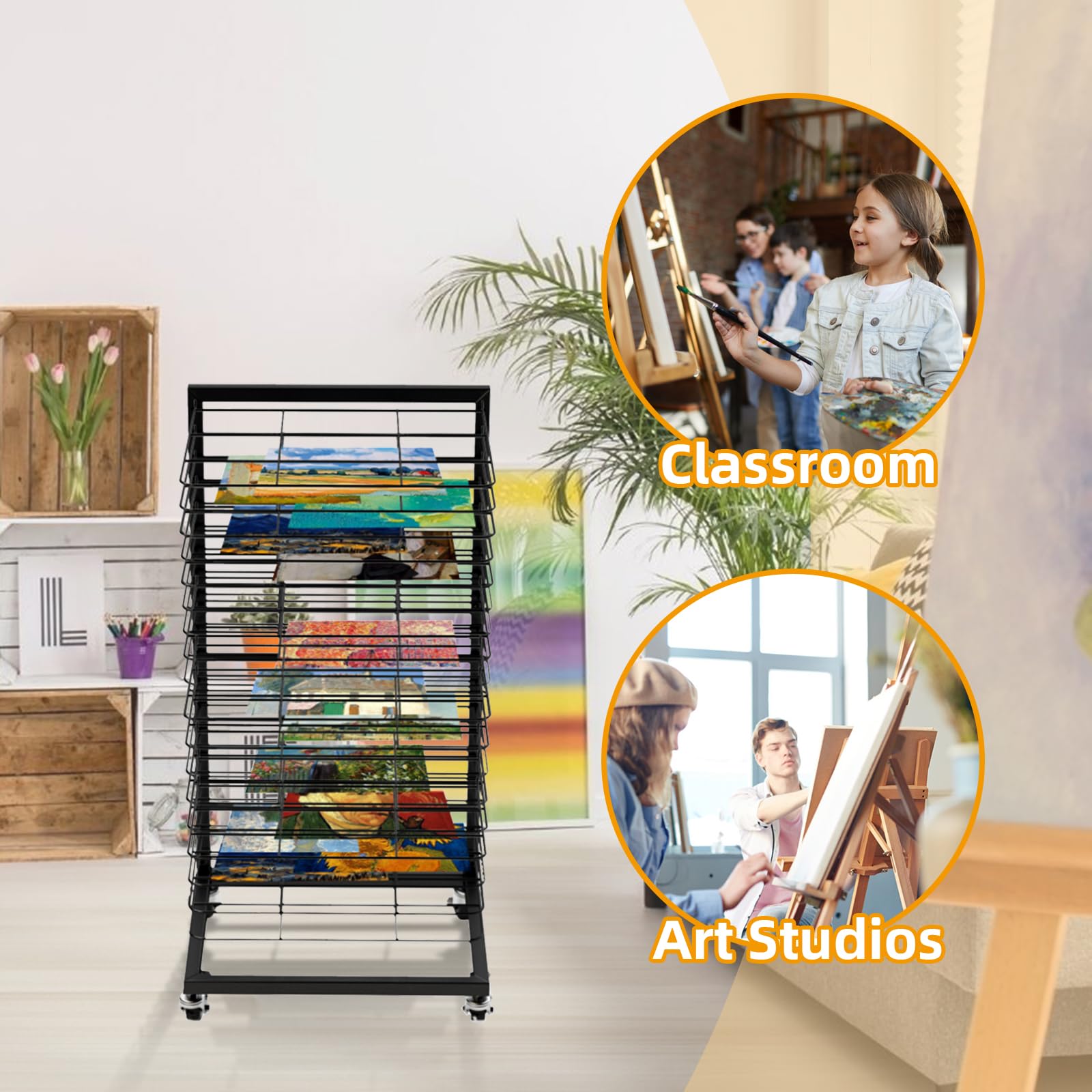 JAOGAUS Stendibiancheria Mobile per Quadri, Stendino Funzionale per Quadri con Ruote Bloccabili, con 18 Ripiani Rimovibili, Stendino per Quadri per Opere D'arte, Stampe, ecc