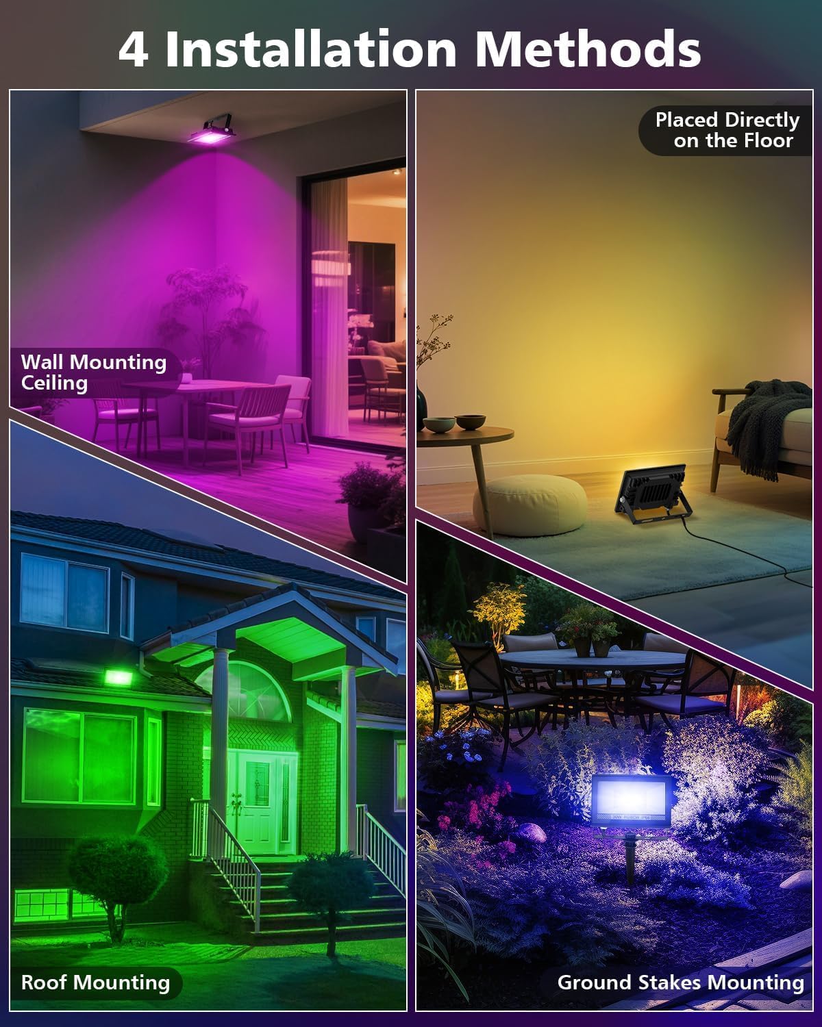 T-SUN Christmas LED Flood Light, 30W RGBCW Dimmable Outdoor Smart Lights, Color Changing LED Light with Remote & APP Control Waterproof Up Lights, Music Sync Stage Spot Light for House, Party (4 Pack)