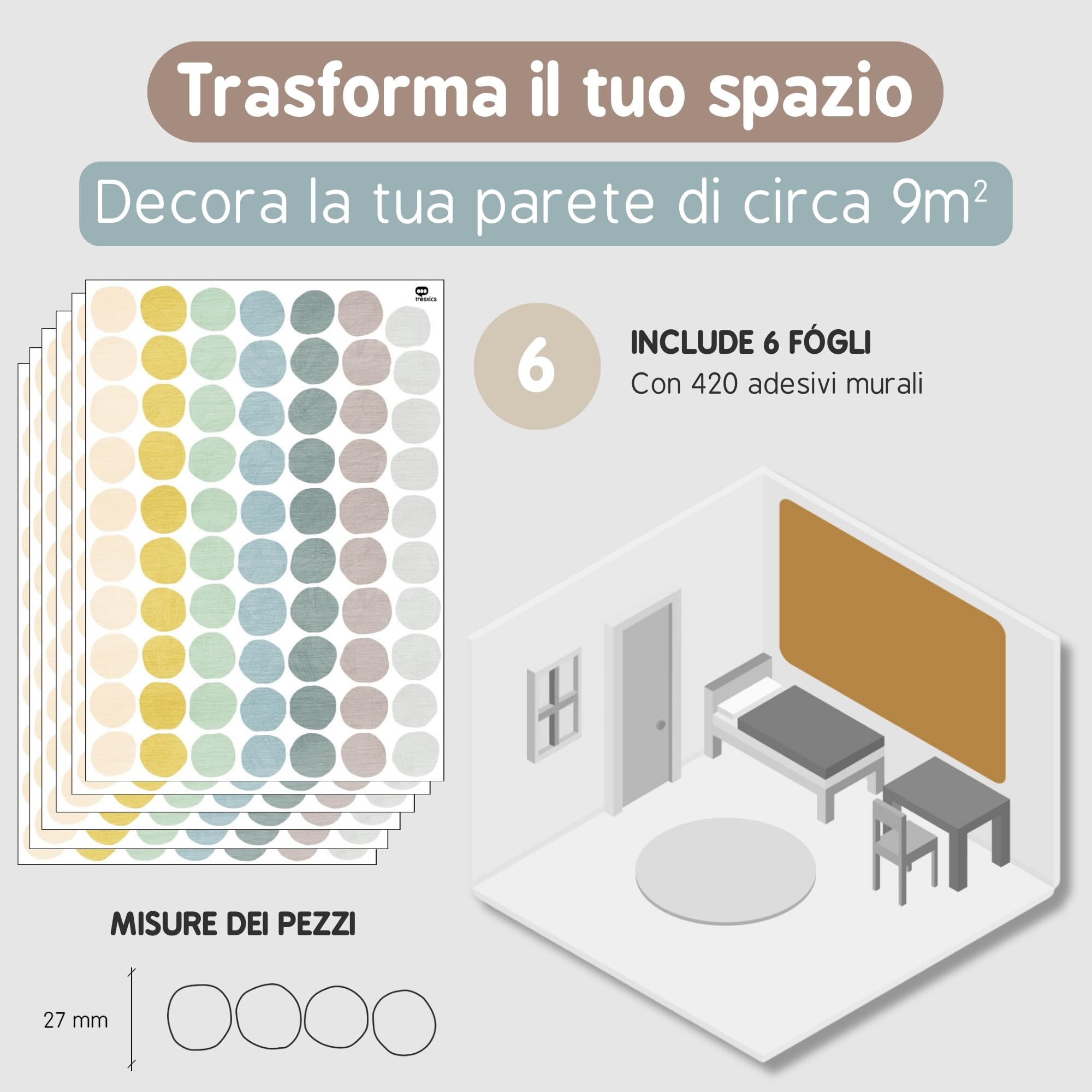Adesivi Murali Bambini | Adesivi Cameretta Bambino Bimba Pois a Matita | Effetto Carta da Parati Adesiva | Copre 9 m² | 420 pezzi | TRESXICS (Blu)