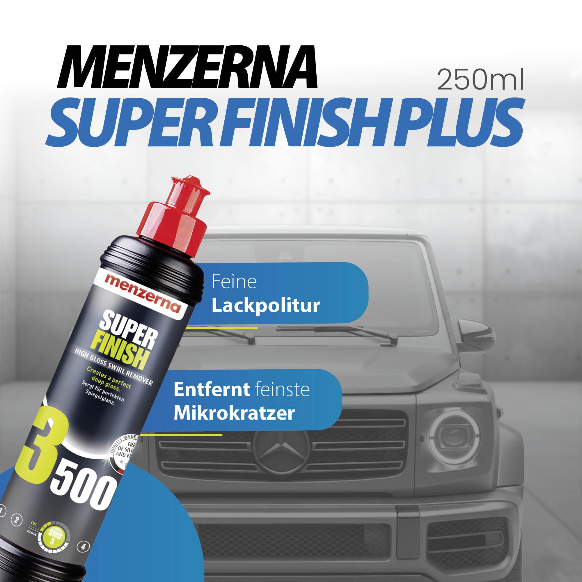 detailmate Menzerna Auto Polituren Set: Menzerna: Heavy Cut Compound 1000 + Medium Cut Polish 2500 + Super Finish 3500 + Koch Chemie AllroundQuickShine 140ml + detailmate Mikrofasertuch 550GSM
