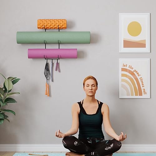 Miniatura 5 de Wallniture Guru - Rodillo de espuma y toallero de pared con 3 ganchos para colgar correa de yoga y bandas de resistencia, metal de 3 secciones