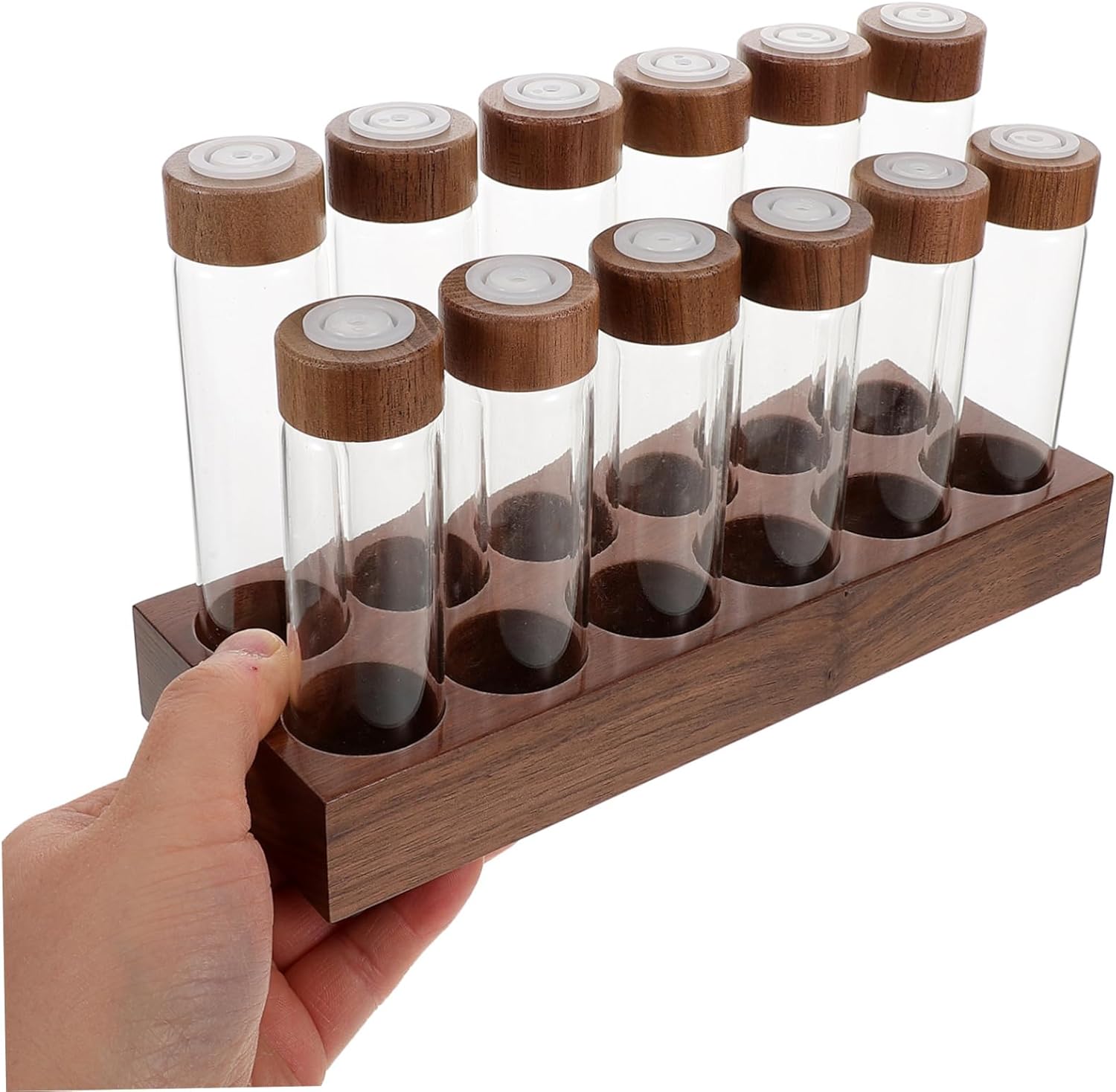 Mobestech 12hole Glass Coffee Bean Storage System with Wooden Lid and Elegant Walnut Base Rack for Glass Tubes Stylish Airtight Coffee Dispenser for Home and Commercial Use