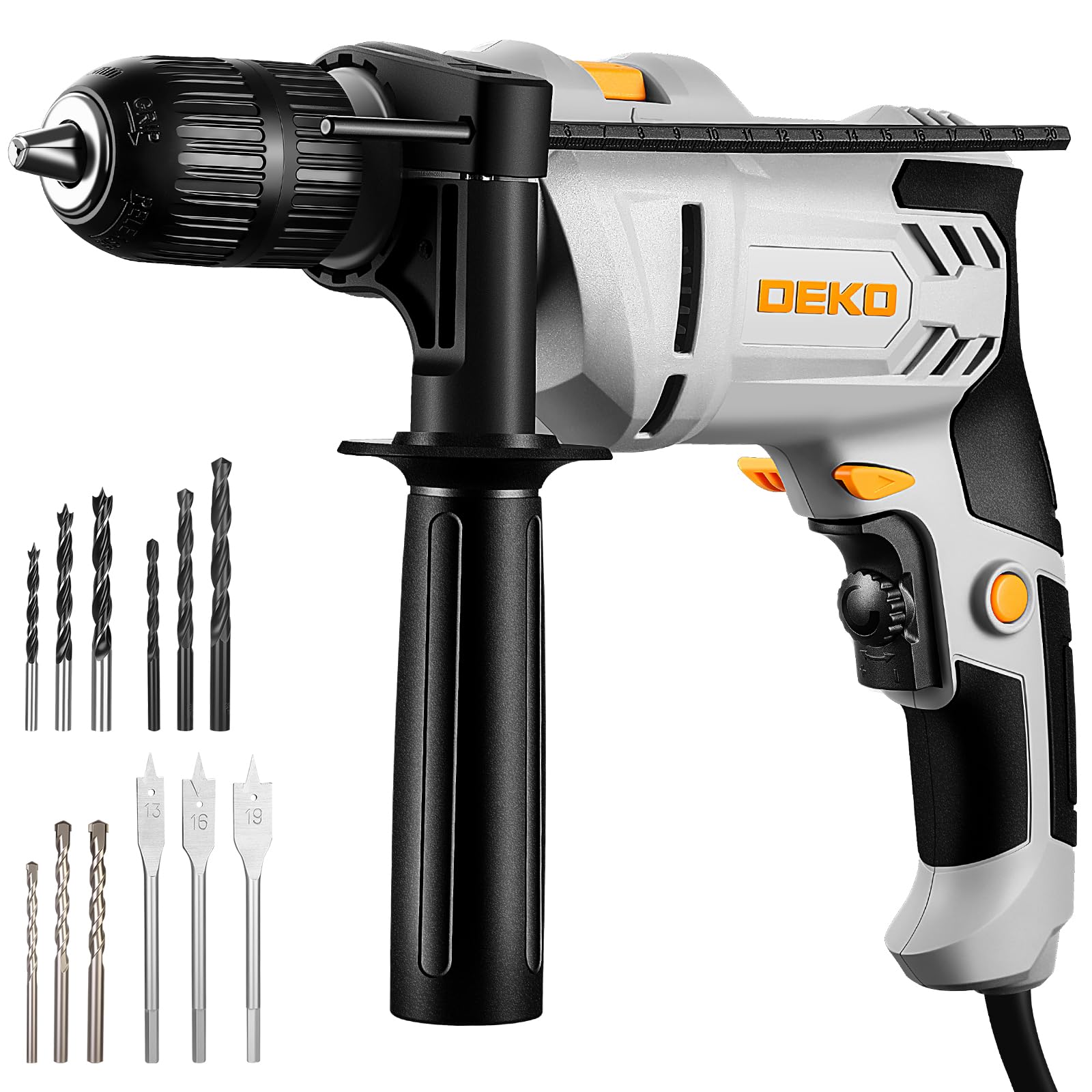 DEKOPRO 6-Amp 1/2-Inch Hammer Drill, Variable Speed Electric Corded Hammer Drill with 12pcs Bit for Concrete & Wood, 2 Functions in 1 with Keyed Metal Chuck, 360° Rotating Handle