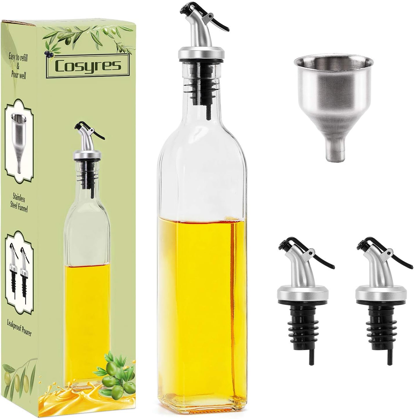 Glass Cooking Olive Oil/Vinegar Dispenser Bottle for Kitchen with 2 Pourers(500ml)