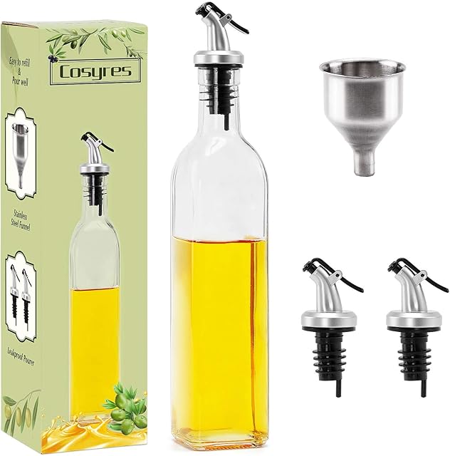 Cosyres Glass Cooking Olive Oil/Vinegar Dispenser Bottle for Kitchen with 2 Pourers(500ml)