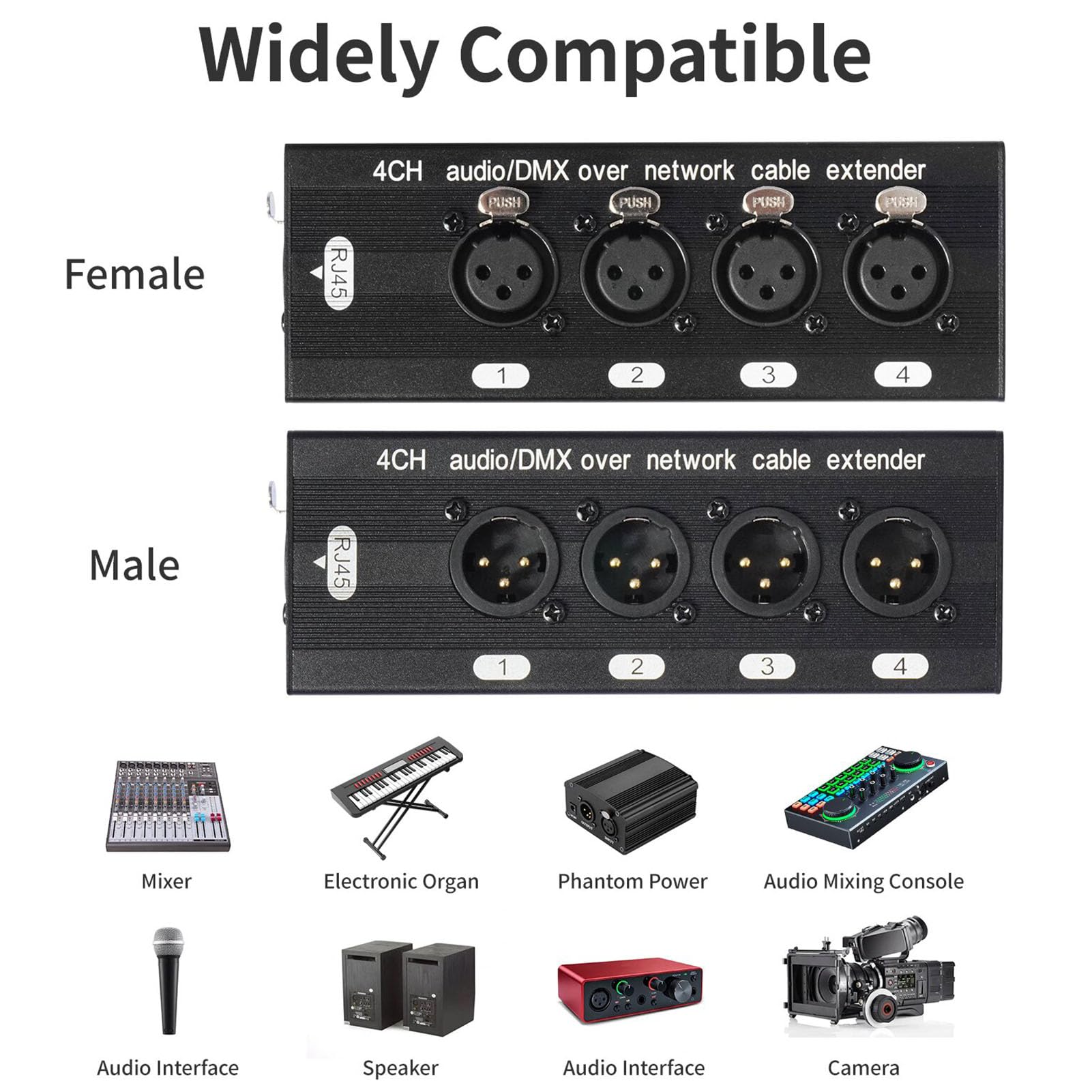4-kanałowy przedłużacz Ethernet XLR na RJ45, 3-pinowy męski żeński rozdzielacz XLR dla kabla Cat5 Cat6 Cat7, multiplekser sygnału audio 4 na 4 wyjścia dla Stage Studio
